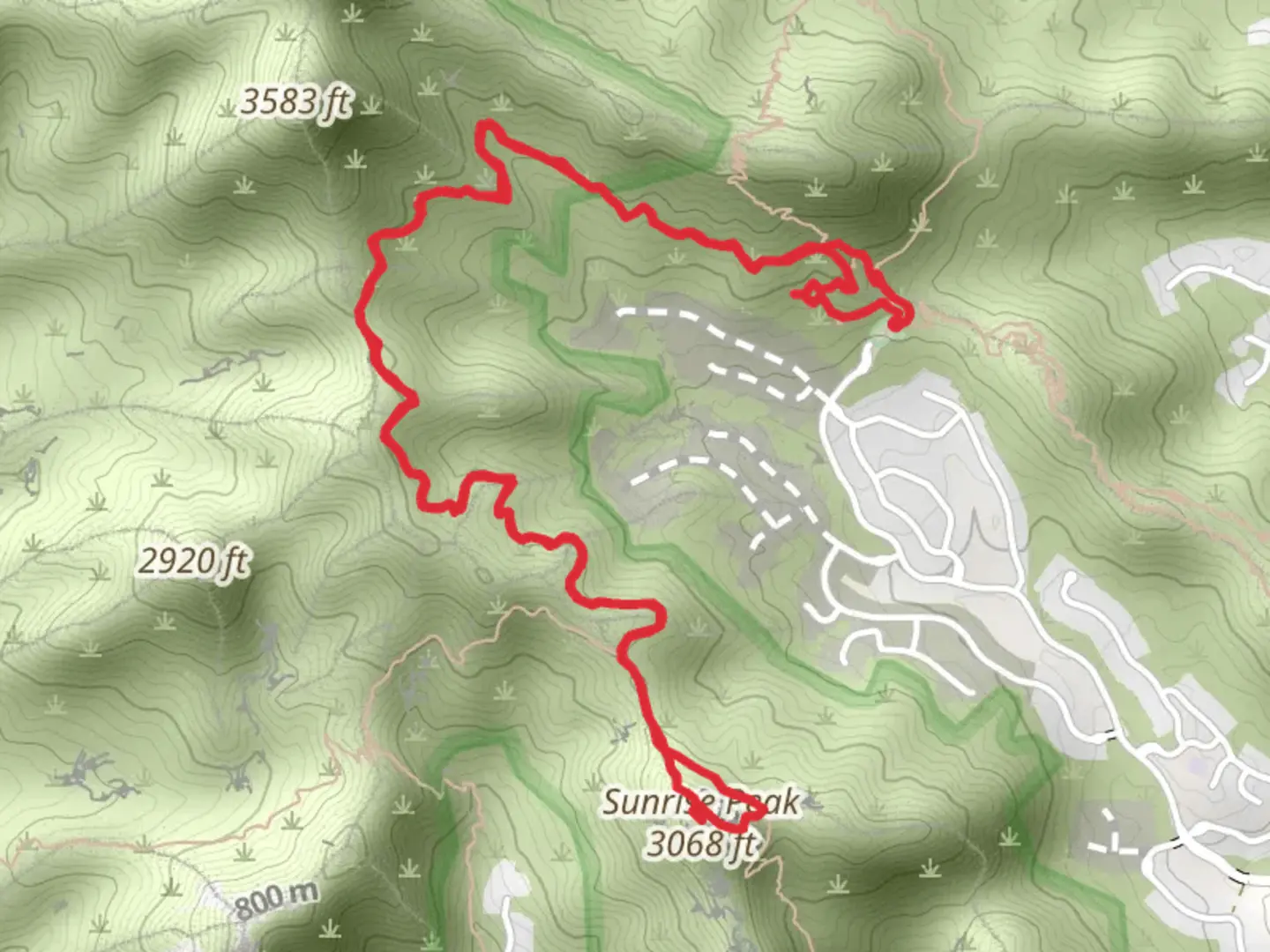 An image depicting the trail Sunrise Peak Loop via Andrew-Kinsey Trail and its surrounding area.