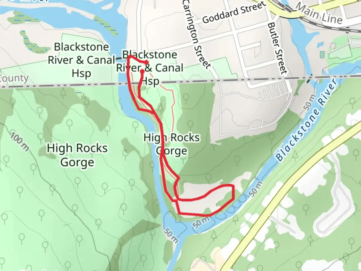 An image depicting the trail High Rocks Gorge via Blackstone River and its surrounding area.