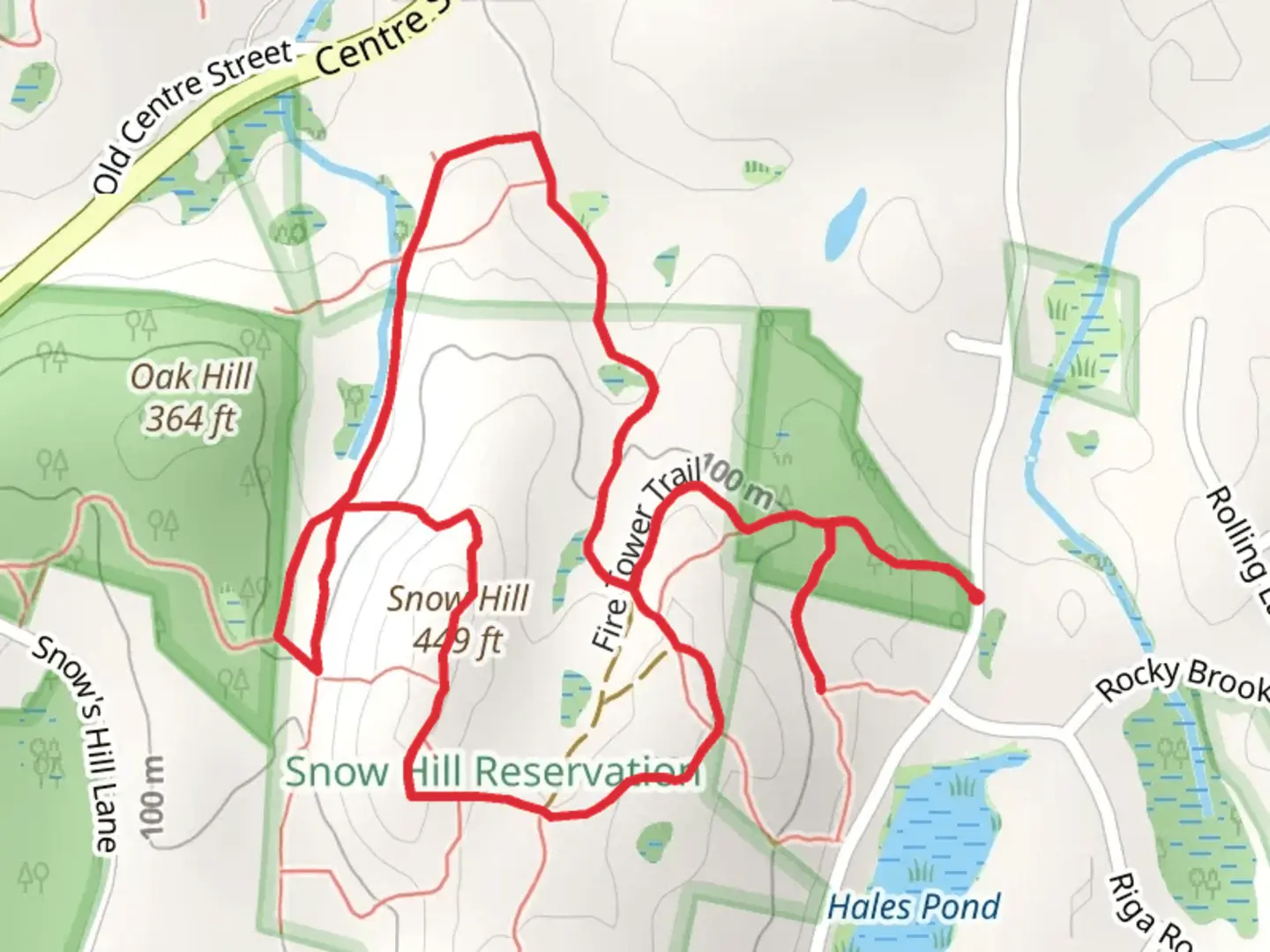 An image depicting the trail Snow Hill Loop from Pine Street and its surrounding area.