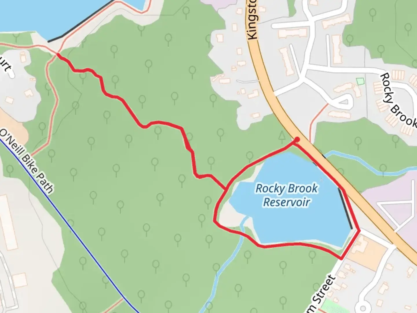 An image depicting the trail Rocky Brook Reservoir - Tri Pond Park Loop Trail and its surrounding area.