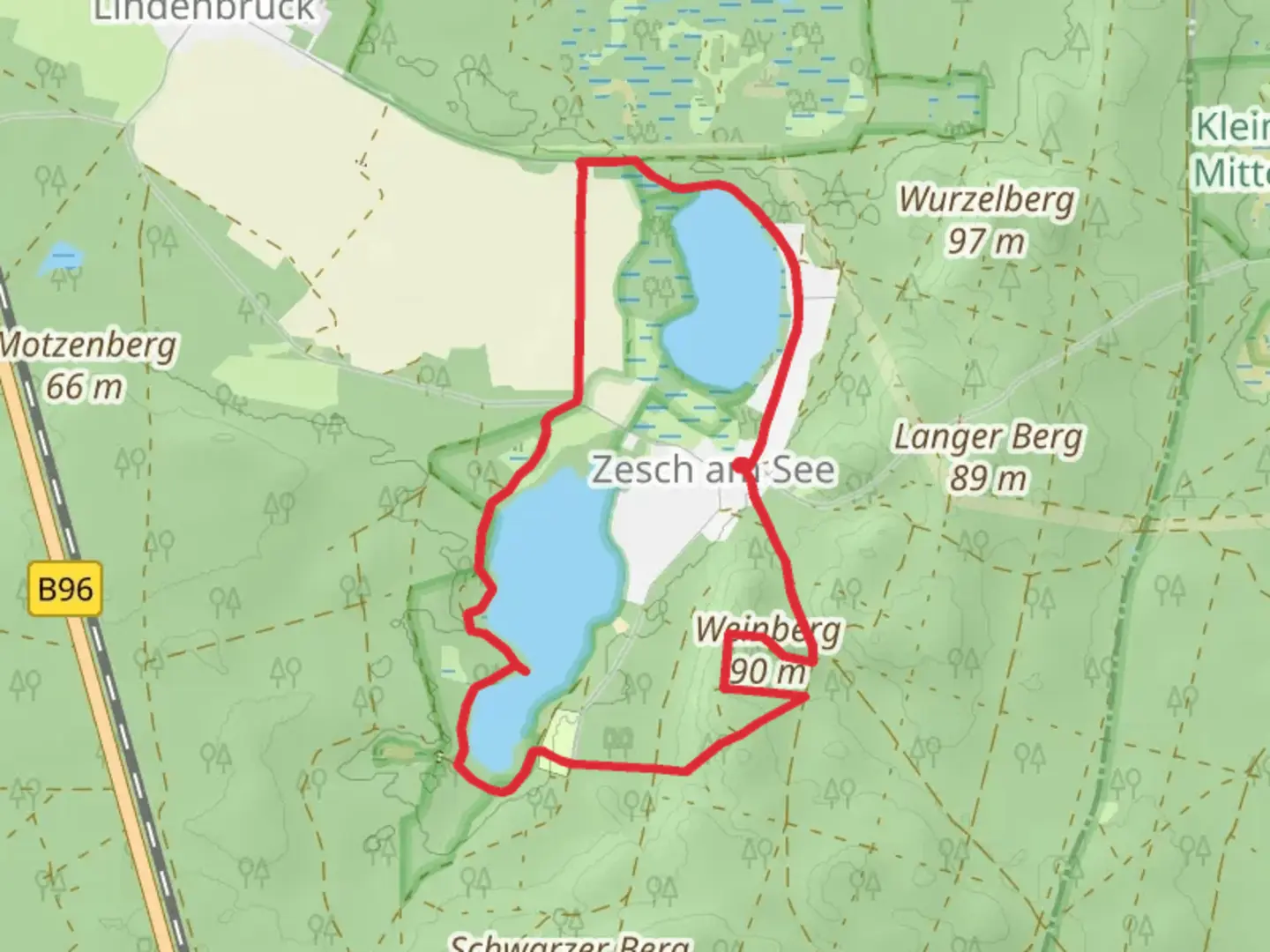 An image depicting the trail Kleiner Zeschsee and Großer Zeschsee Loop and its surrounding area.