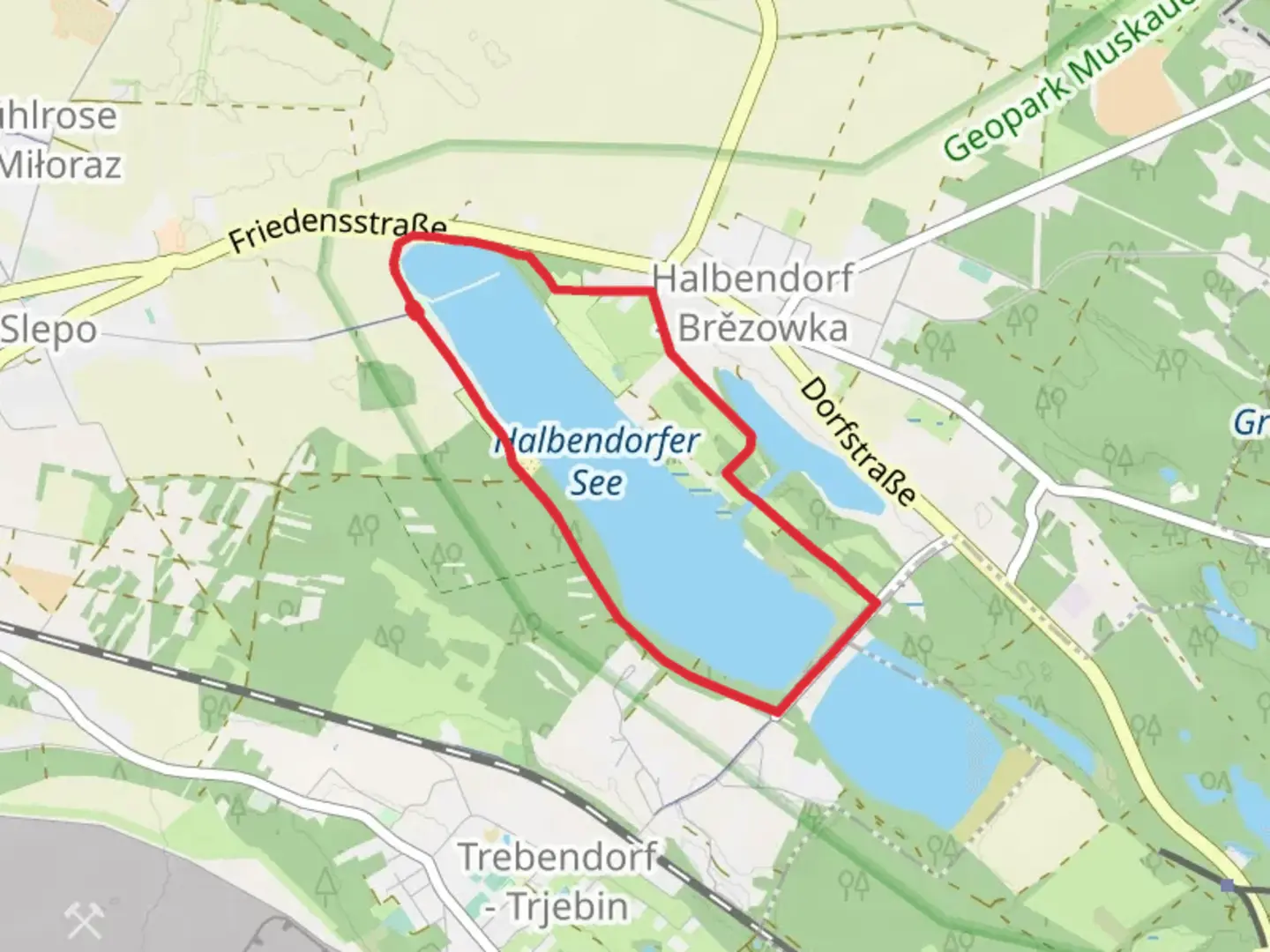 An image depicting the trail Halbendorfer See via Rund um Weißwasser and its surrounding area.
