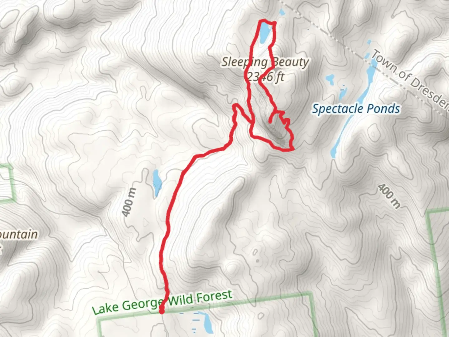 An image depicting the trail Bumps Pond and Sleeping Beauty from Shelving Rock Road and its surrounding area.