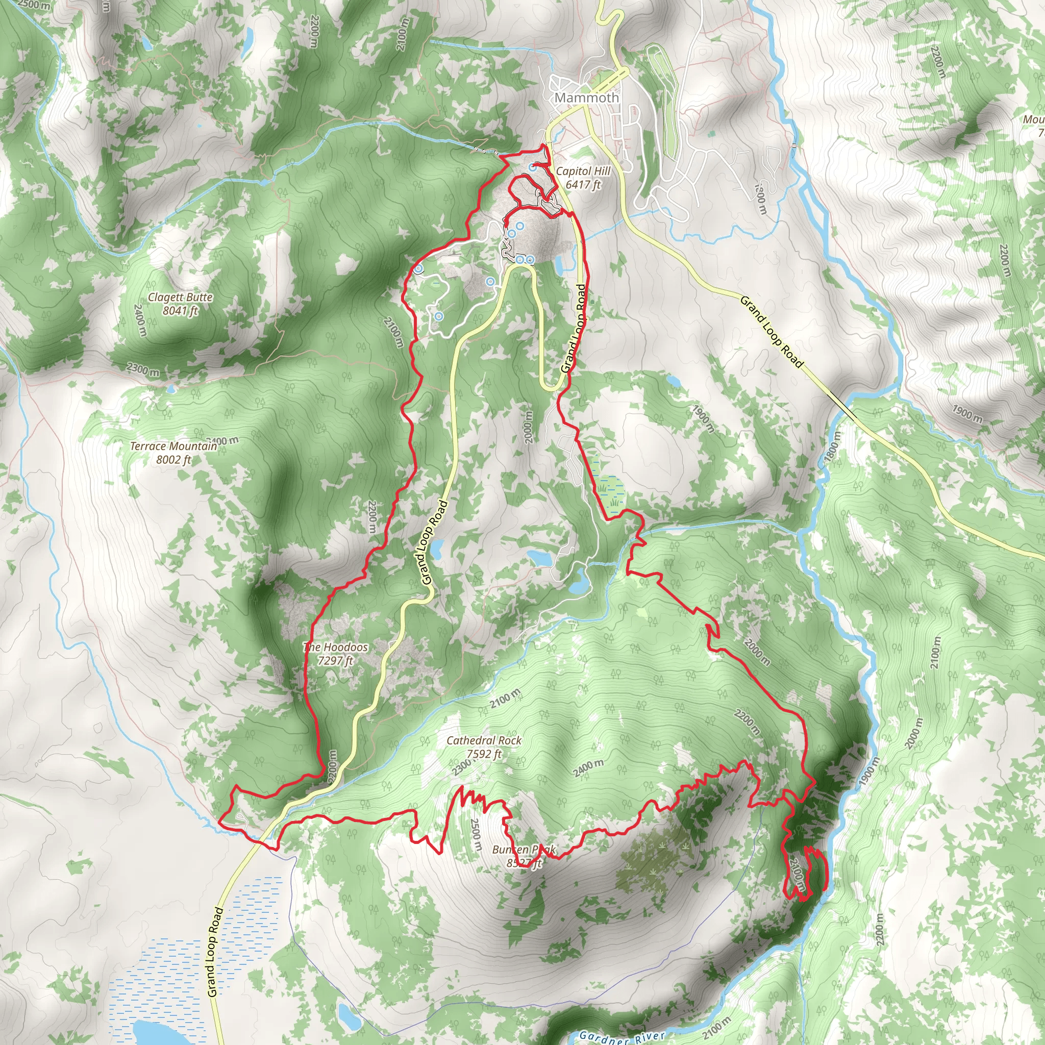 Osprey Falls, Bunsen Peak and Howard Eaton-Mammoth-Golden Gate Loop Trail mobile static map
