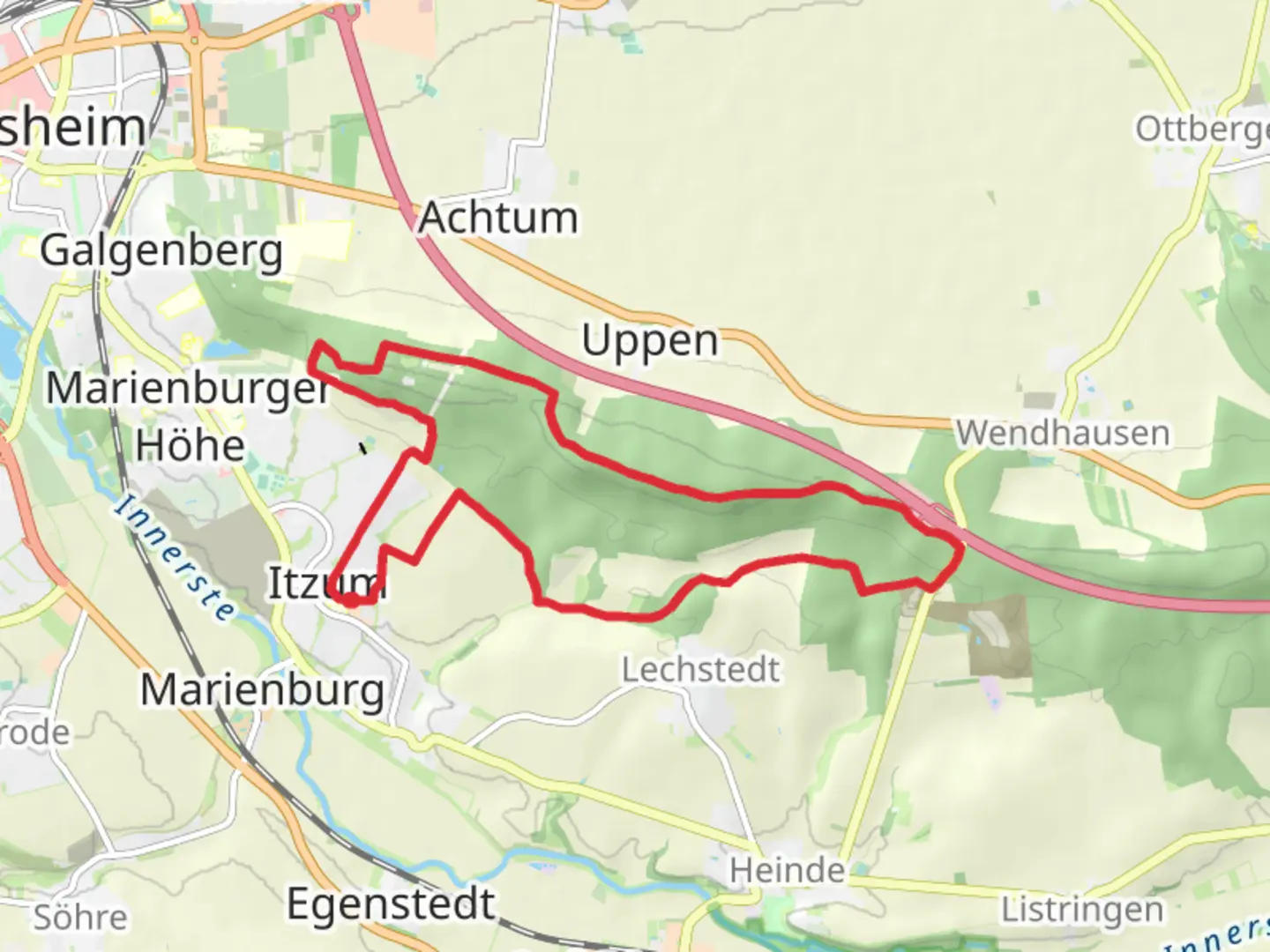 An image depicting the trail Itzum and Knebelberg Loop and its surrounding area.