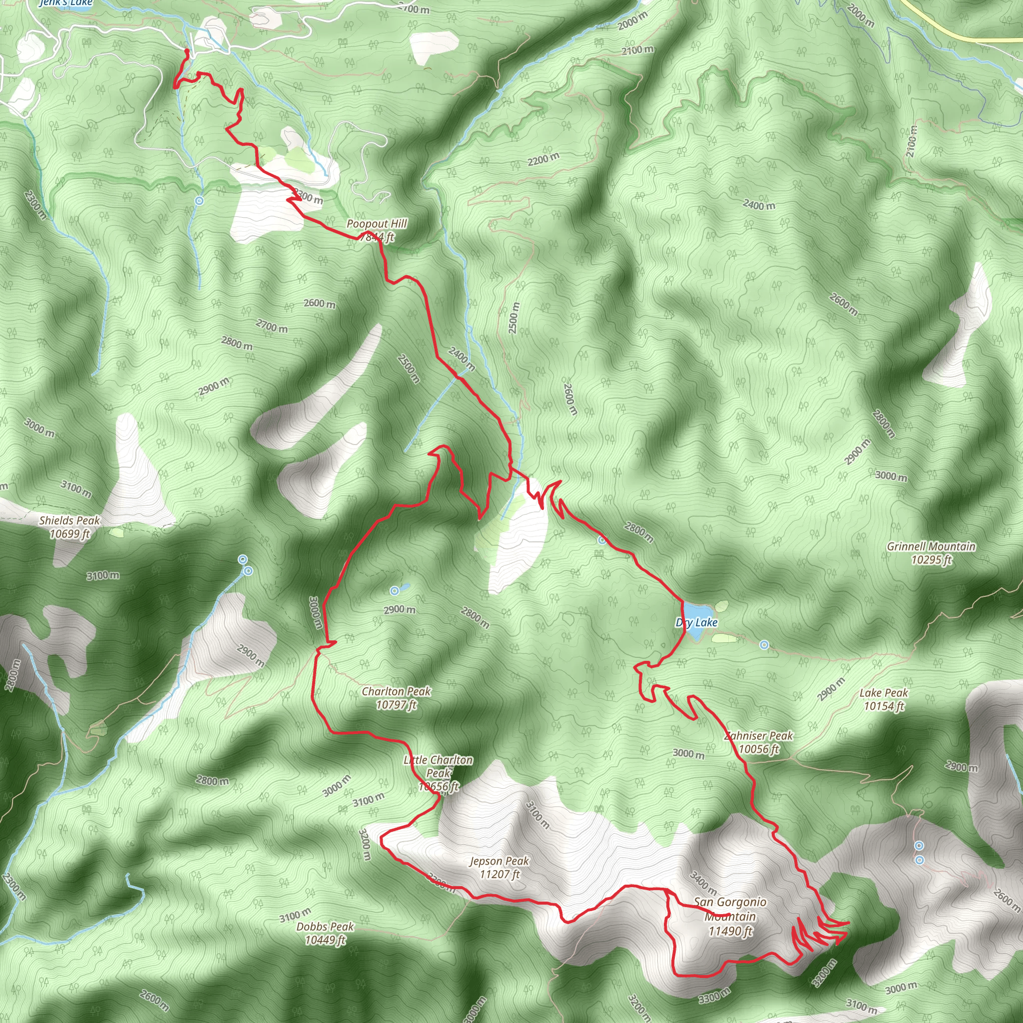 Poopout Hill, Dry Lake, Zahniser, San Gorgonio Mountain, Jepson Peak and Little Charlton Peak Loop mobile static map
