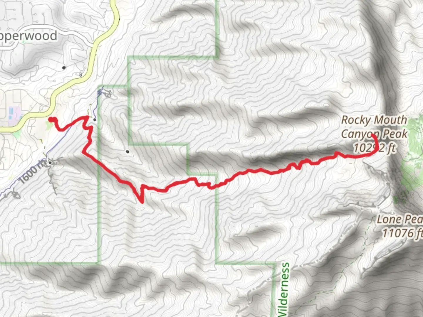 An image depicting the trail Rocky Mouth Canyon Peak via Sawmill Trail and its surrounding area.