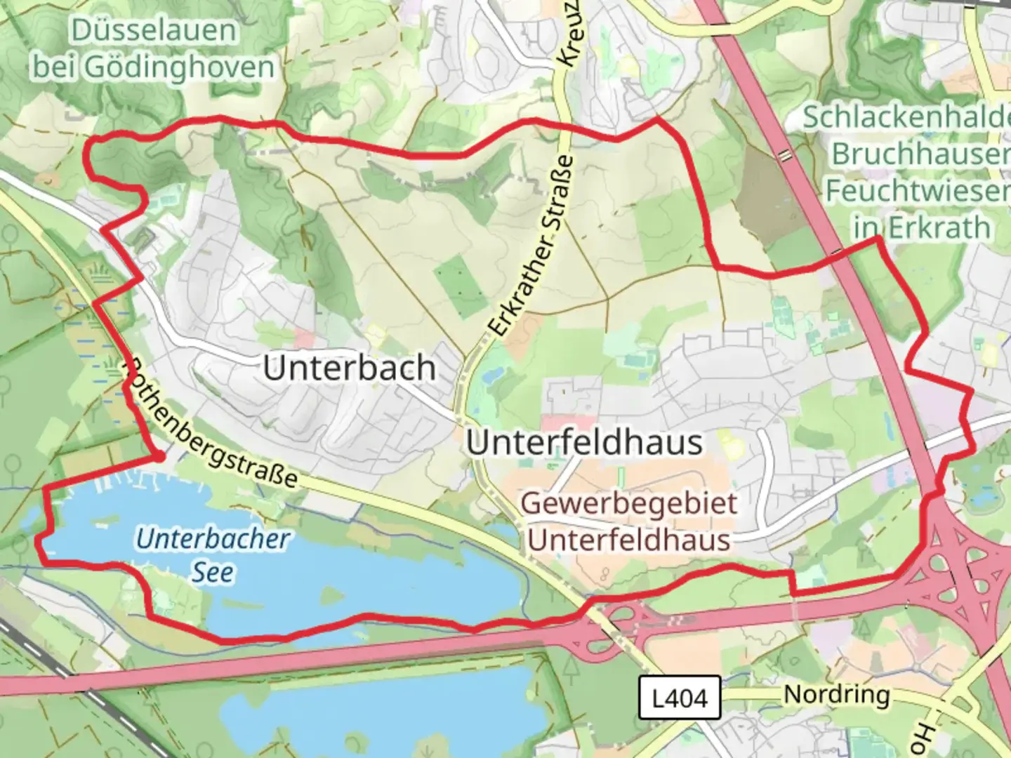 An image depicting the trail Unterbacher See via Kikweg, Roemerweg and Struecker Weg and its surrounding area.