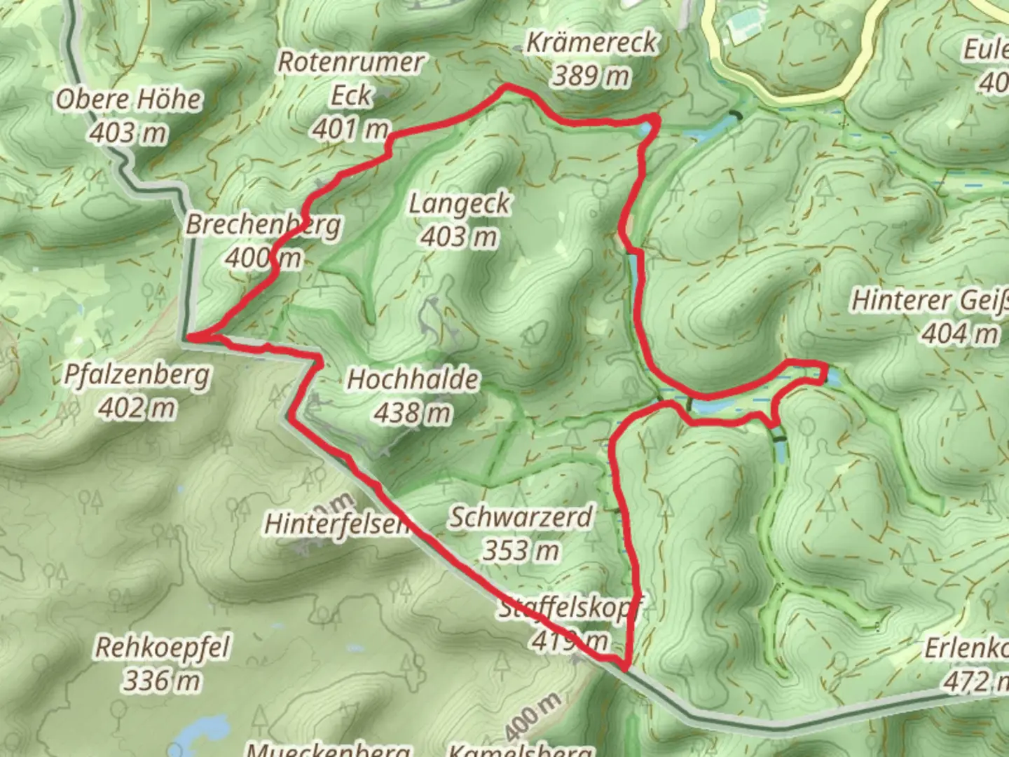 An image depicting the trail Spießweiher, Altes Schloss, Staffelskopf and Studenwoog Loop and its surrounding area.