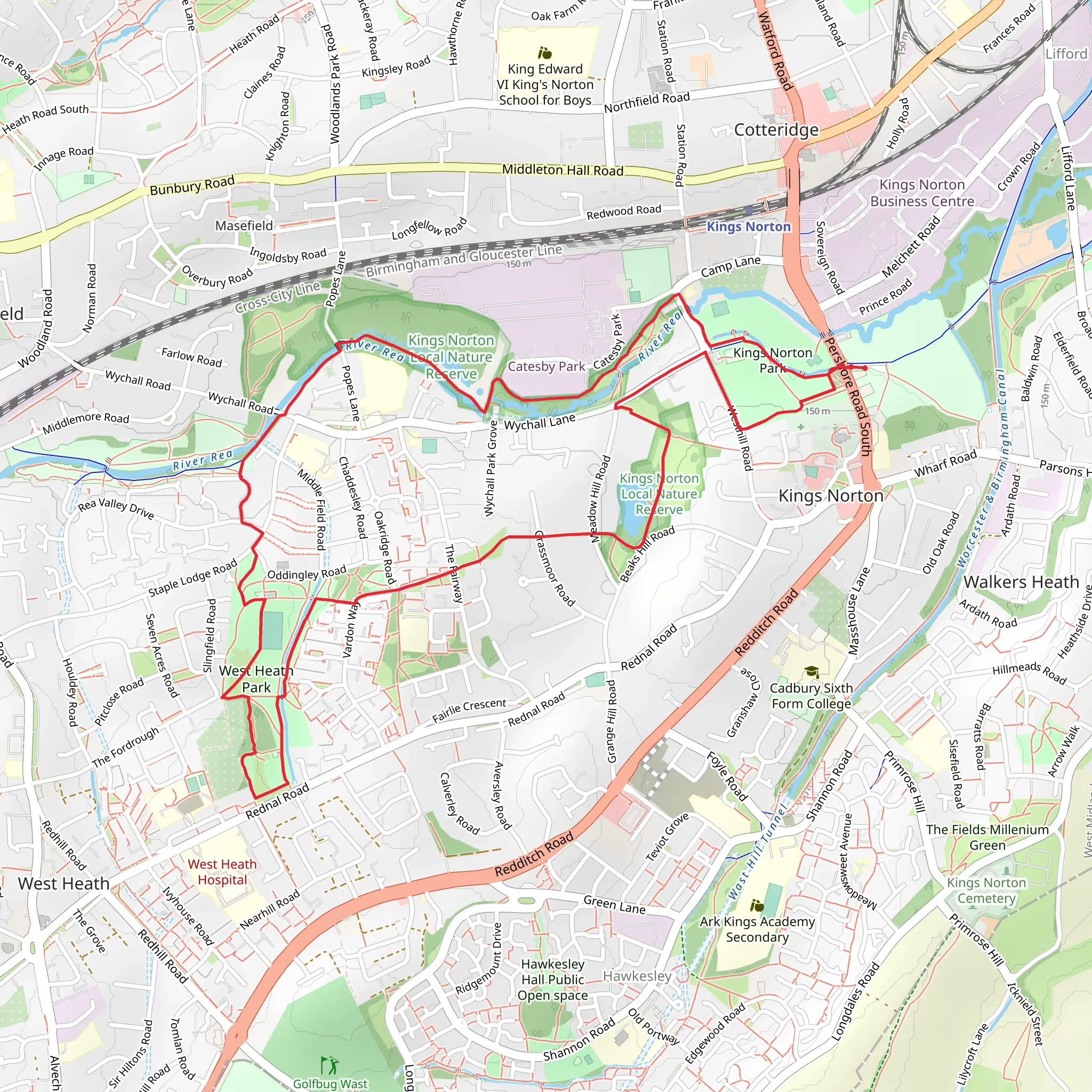 King Norton Park and West Heath Park Loop mobile static map