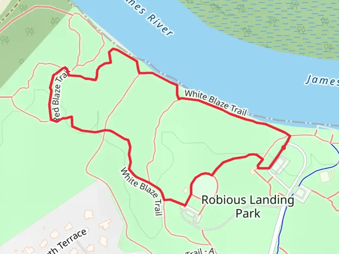 An image depicting the trail Robious Landing Park Loop and its surrounding area.