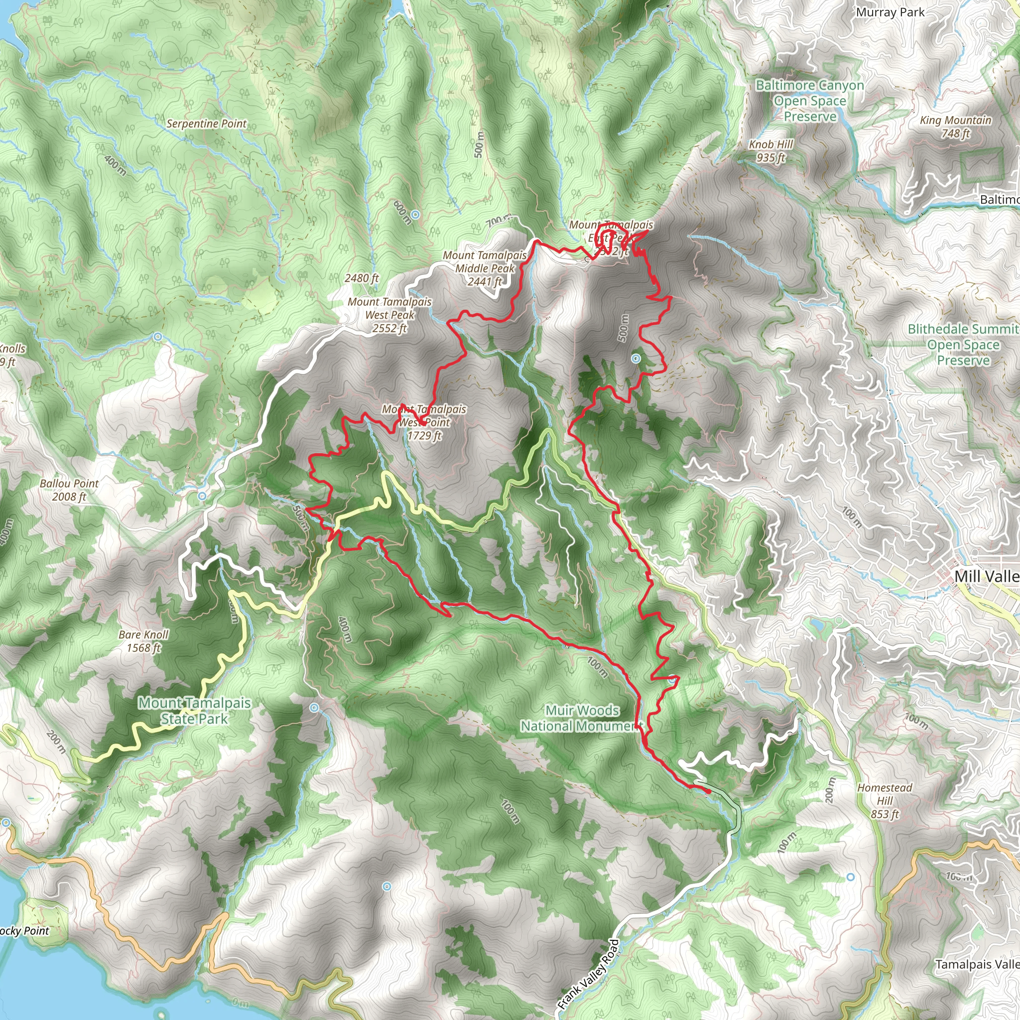 Fern Creek, Mount Tamalpais East Peak, Mount Tamalpais West Point and Bootjack Loop Trail mobile static map