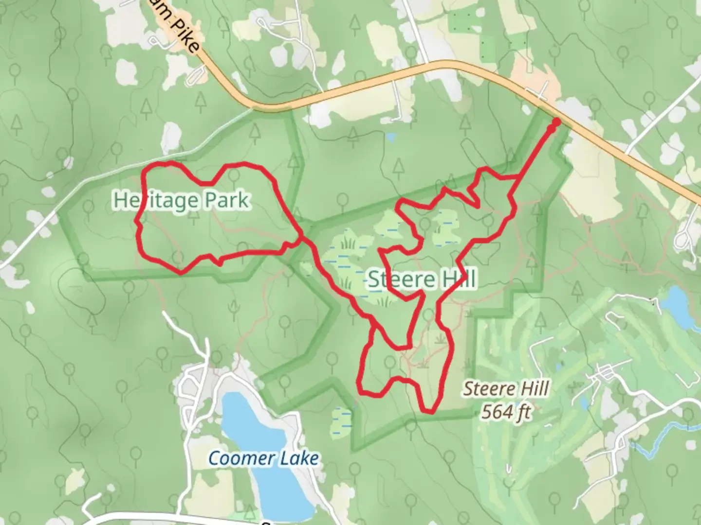 An image depicting the trail Steere Hill, Woodworth Trail and Outer Loop West Trail Loop and its surrounding area.