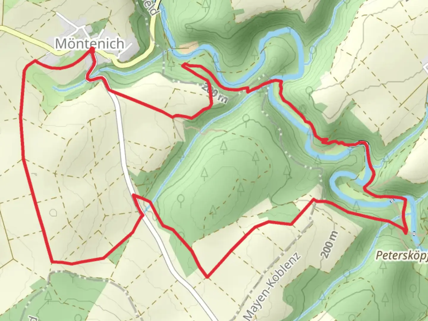 An image depicting the trail Elzbachtal and Eifelhoehen und Brohlbachtal and its surrounding area.