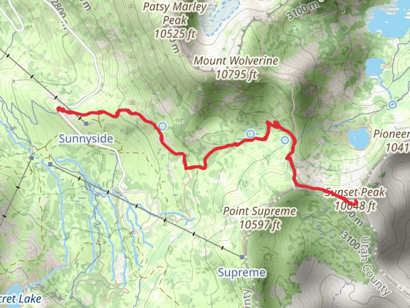 An image depicting the trail Sunset Peak via Catherine Pass Trail and its surrounding area.