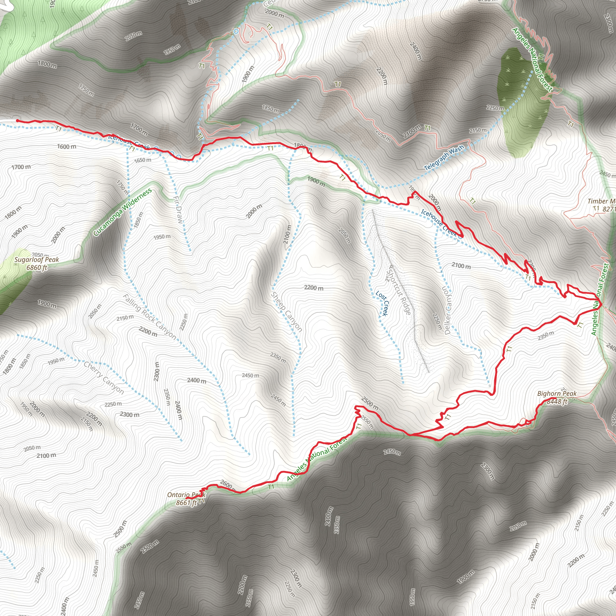 Ontario Peak and Bighorn Peak via Icehouse Canyon Trail mobile static map