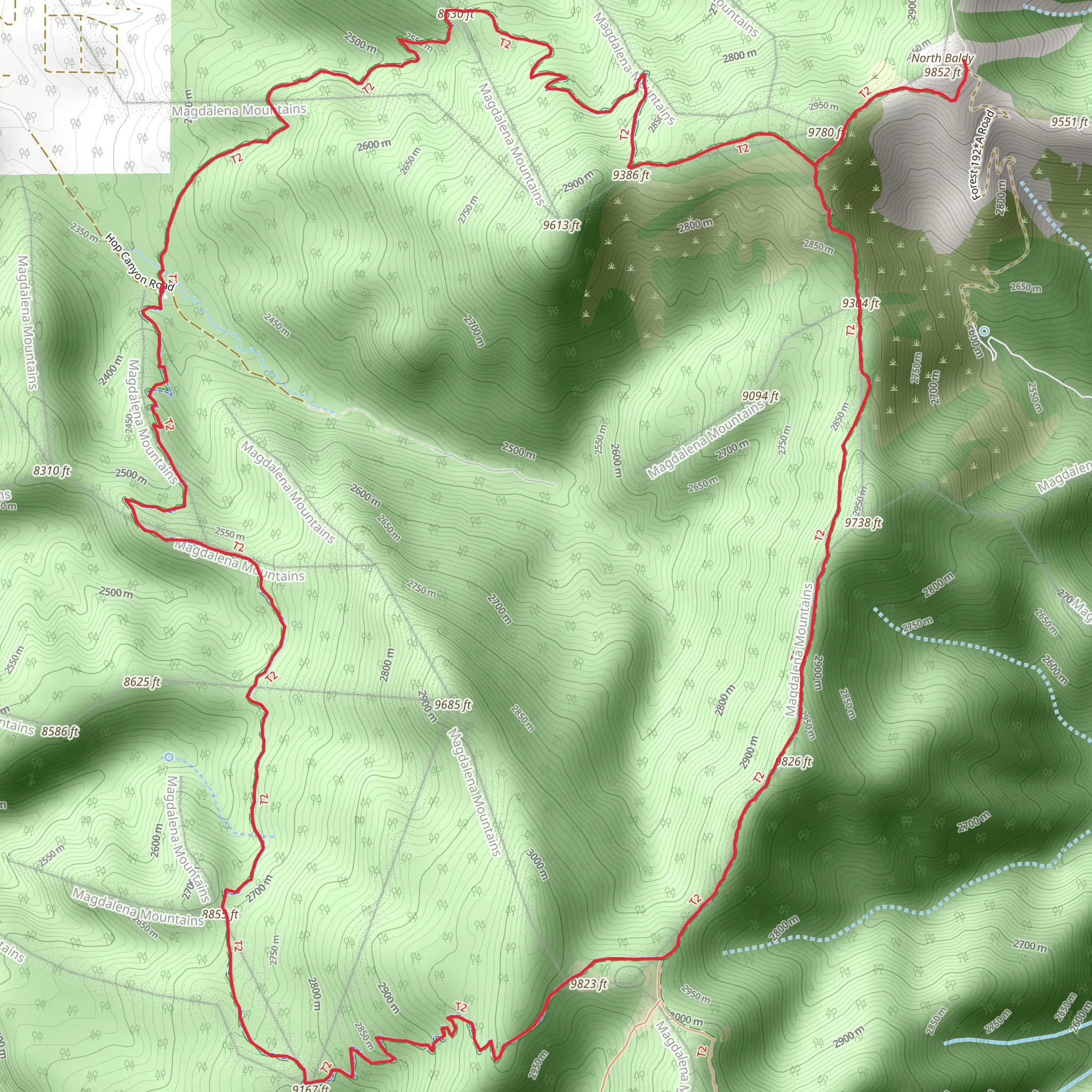 Hop Canyon Trail and North Baldy Loop Trail mobile static map