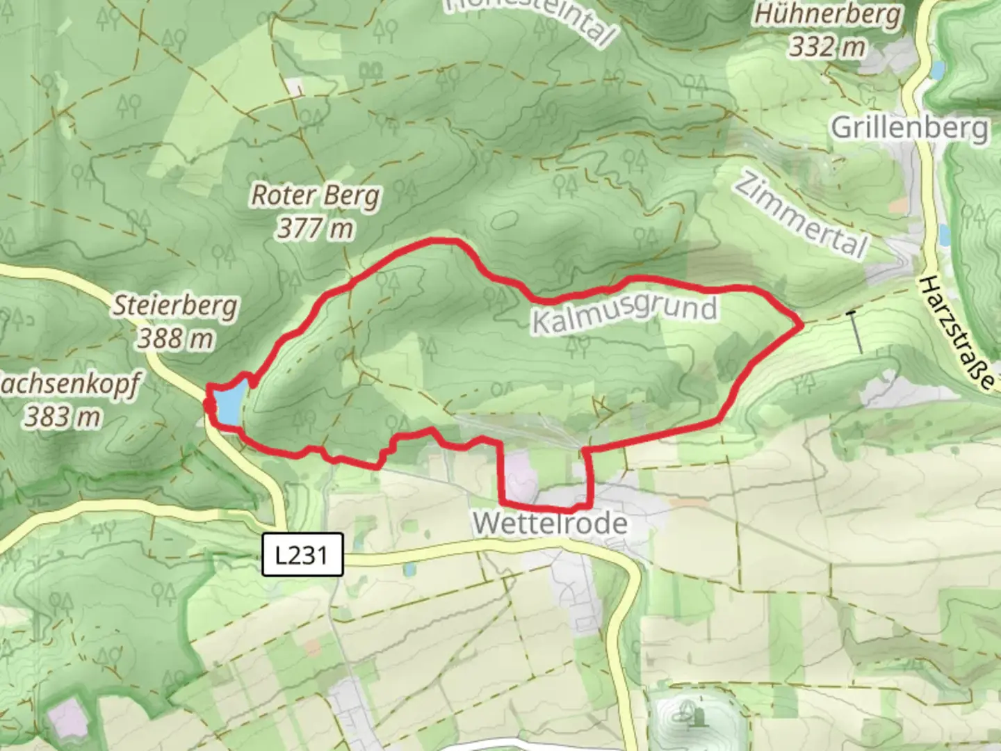 An image depicting the trail Von Wettelrode zum Kalmusgrund and Steigerschleife and its surrounding area.