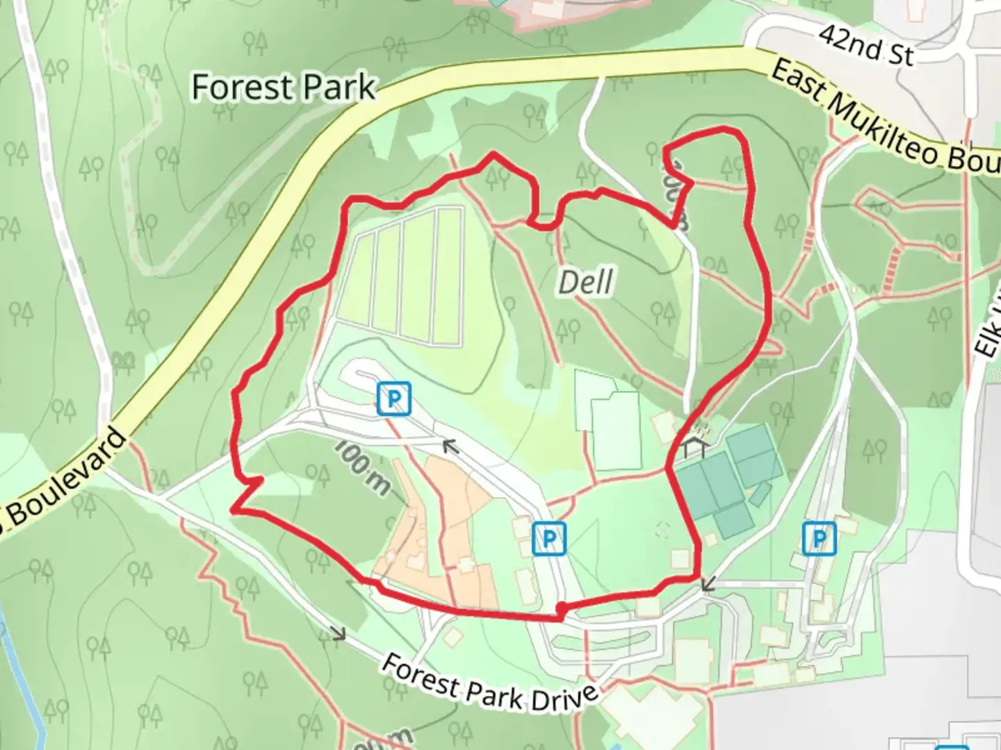 An image depicting the trail Forest Park Drive Loop and its surrounding area.