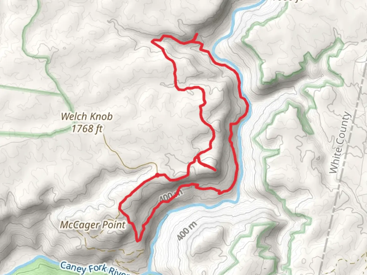 An image depicting the trail Caney Fork River, and Yellow Bluff Loop Trail and its surrounding area.