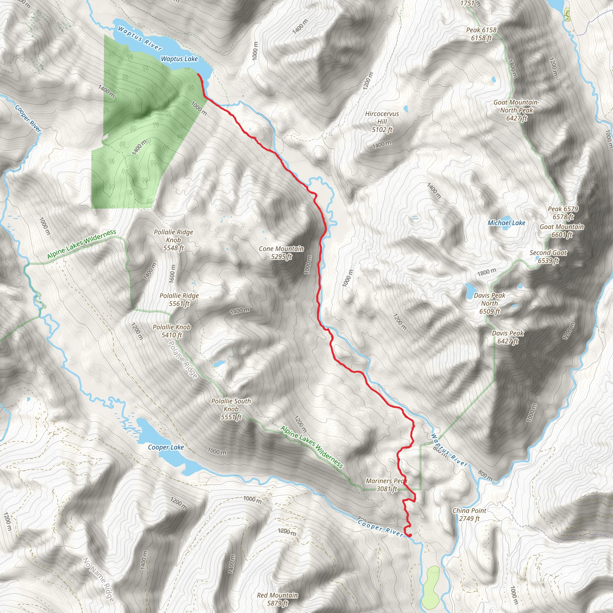 Quick Creek Camp and Waptus Lake via Waptus River Trail mobile static map