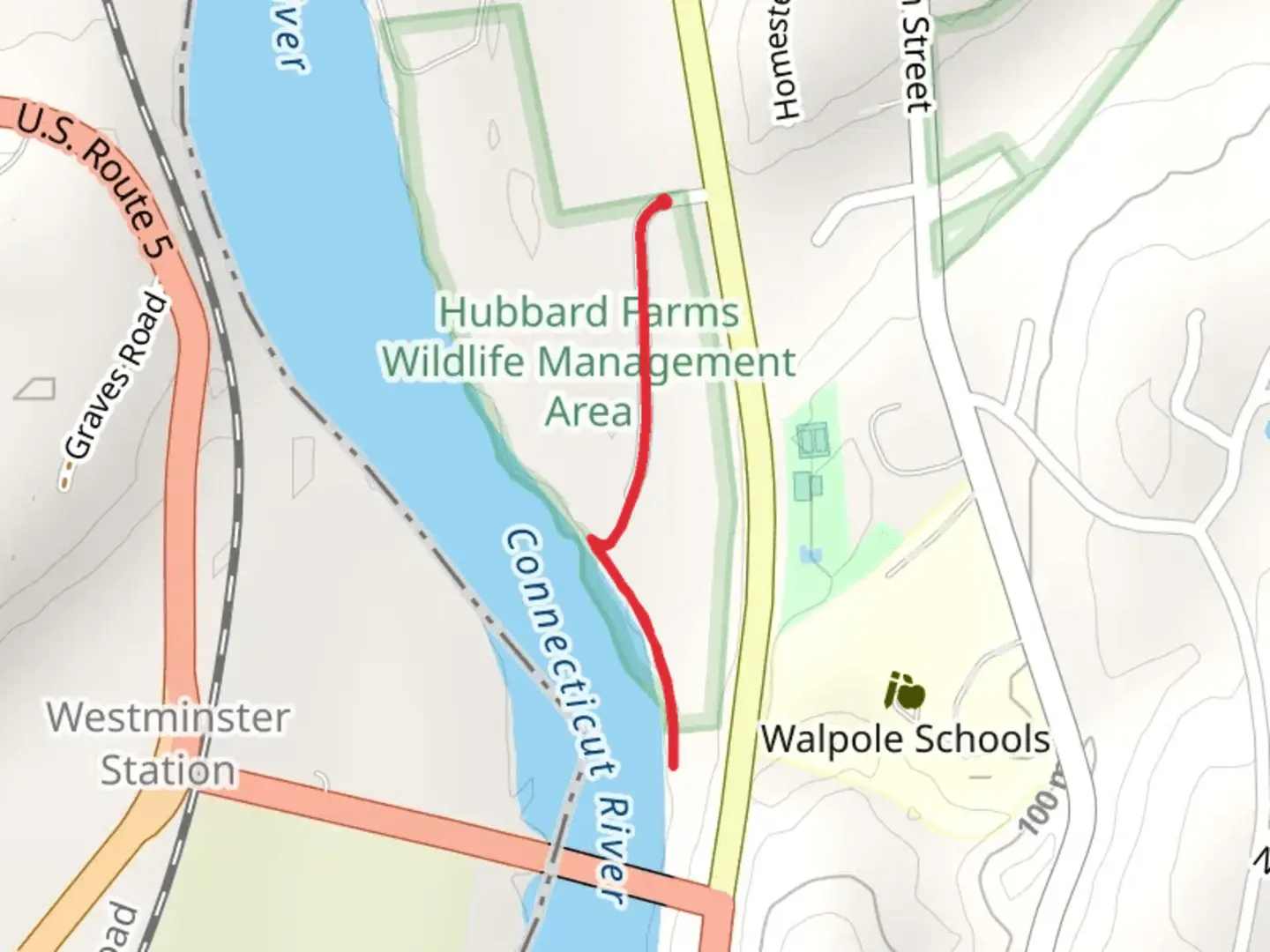 An image depicting the trail Hubbard Farm to Connecticut River Trail and its surrounding area.