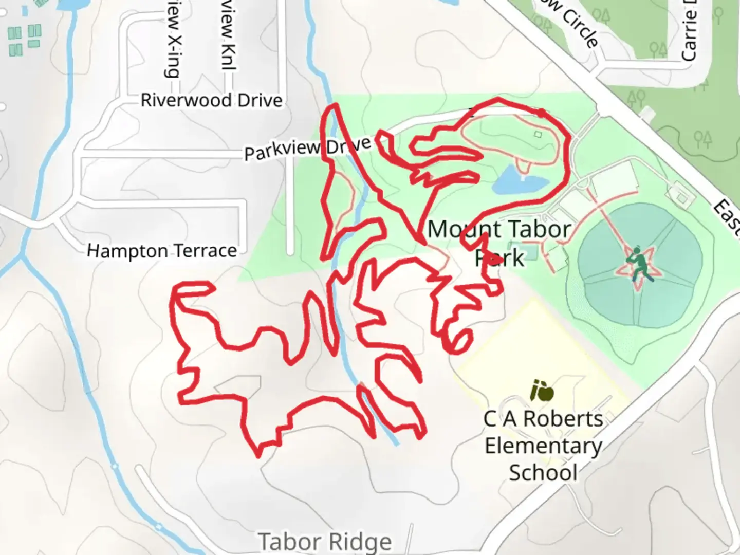 An image depicting the trail Mount Tabor Park Loop - Long and its surrounding area.