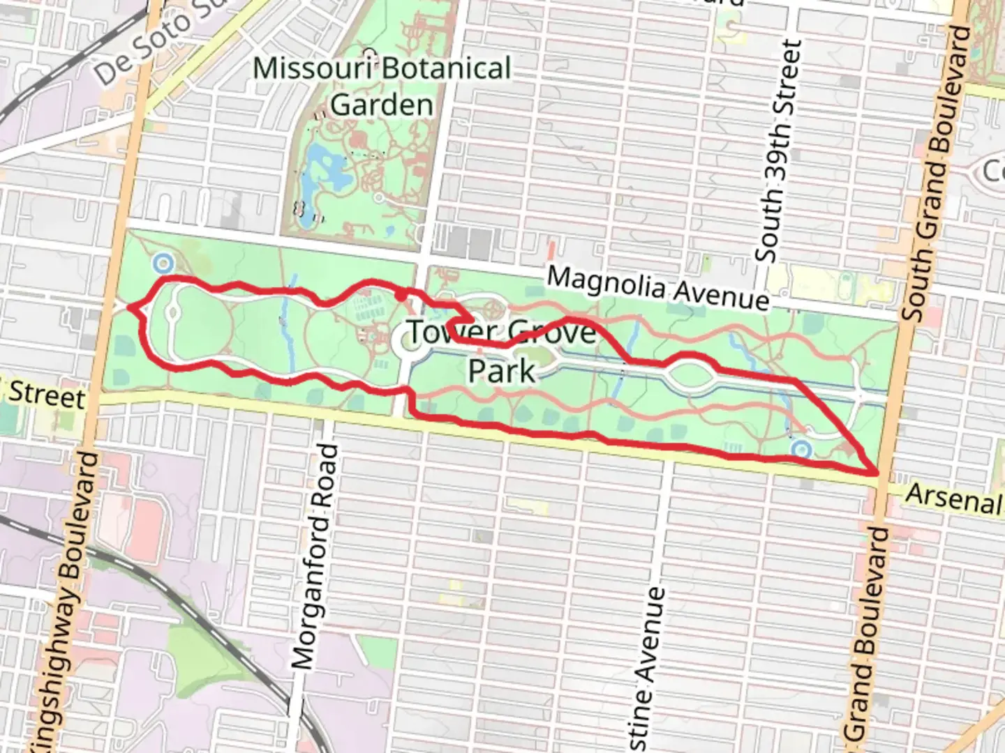 An image depicting the trail Tower Grove Park Loop and its surrounding area.