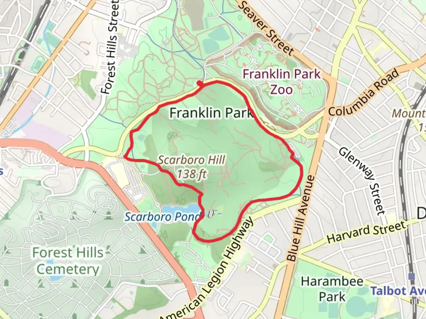 An image depicting the trail Scarboro Hill and Pond - Franklin Park Loop and its surrounding area.