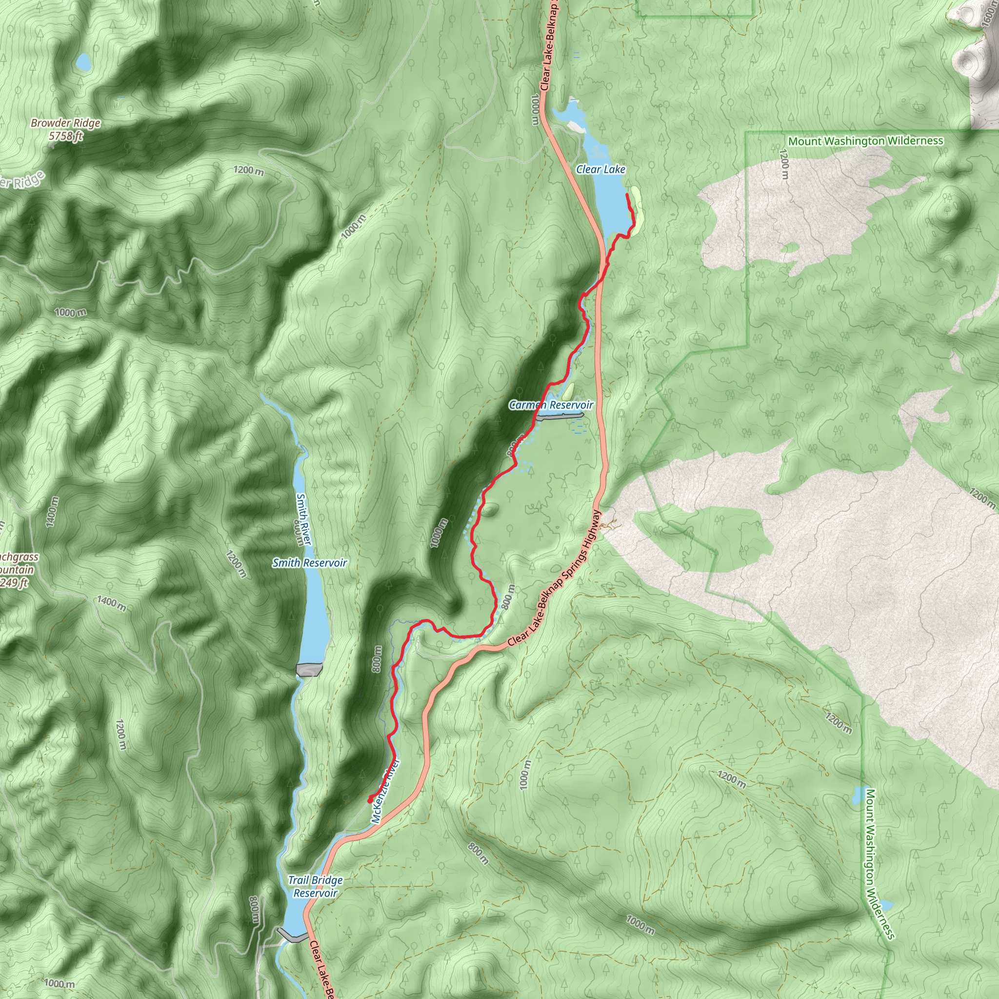 Clear Lake and Carmen Reservoir via McKenzie River Trail mobile static map