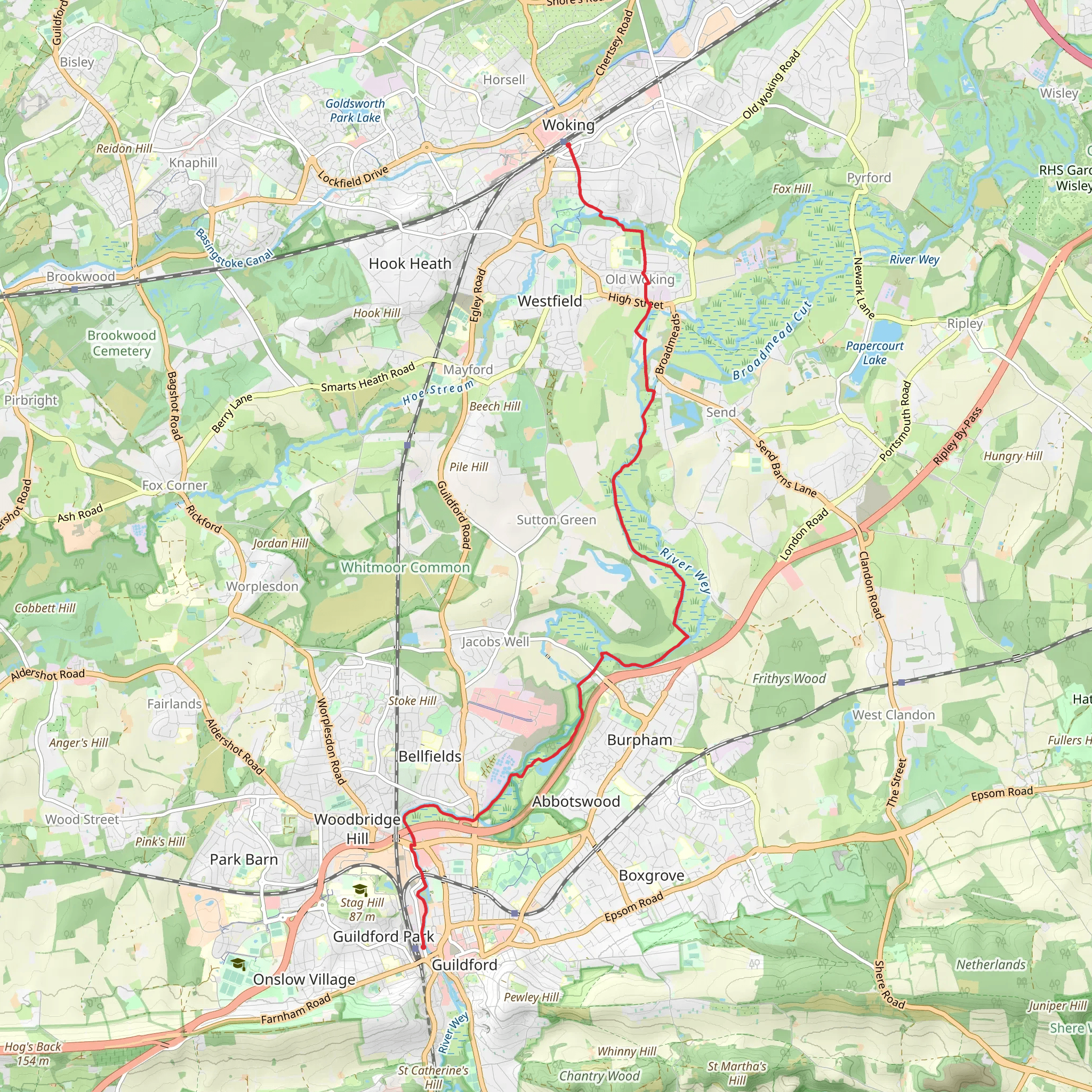 Guildford to Woking Walk mobile static map