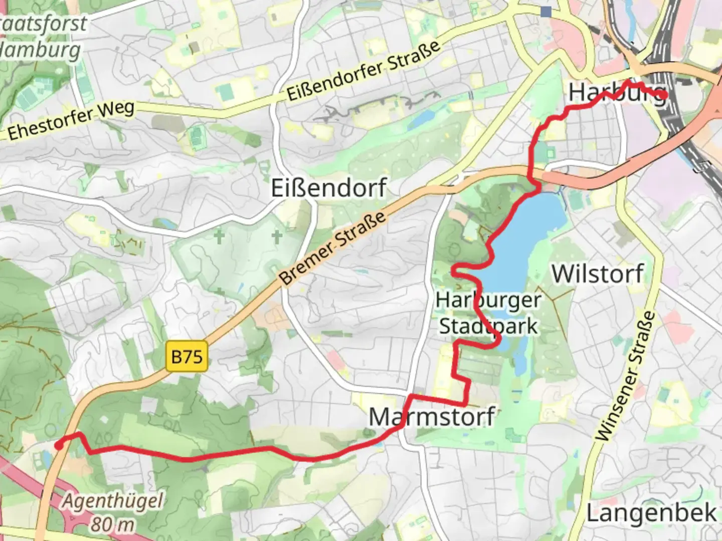 An image depicting the trail Ausssenmuehlenteich via Wanderweg A-H and its surrounding area.