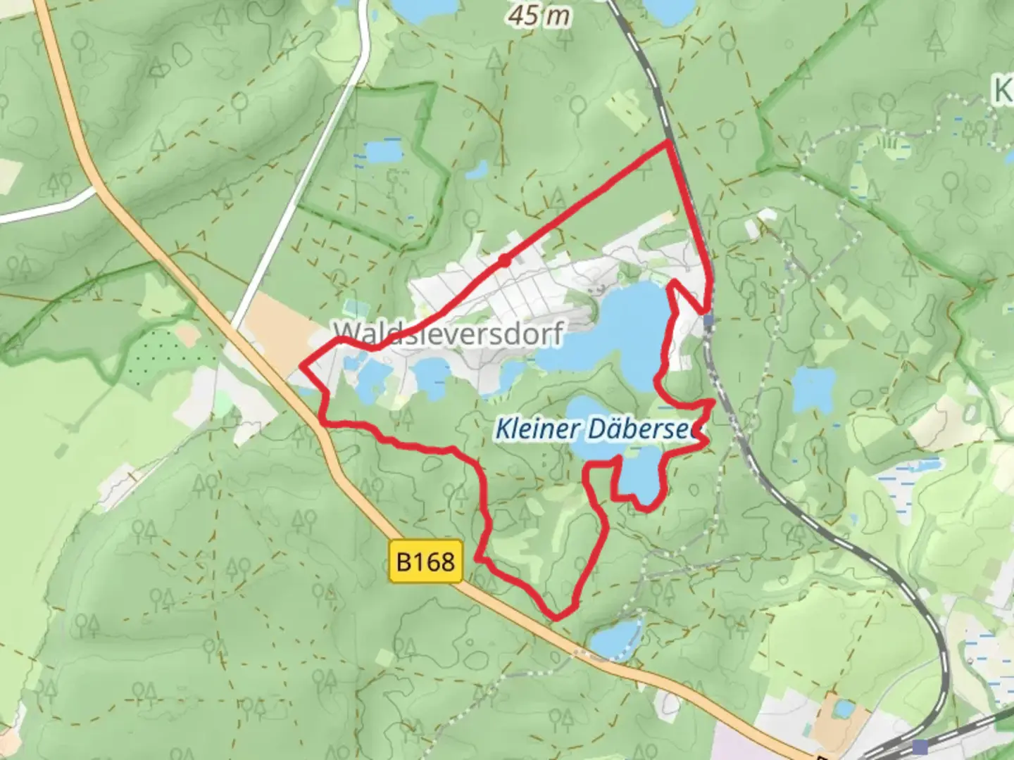 An image depicting the trail Kleiner Däbersee, Großer Däbersee and Papillensee via Rundwanderweg Kesselsee and its surrounding area.