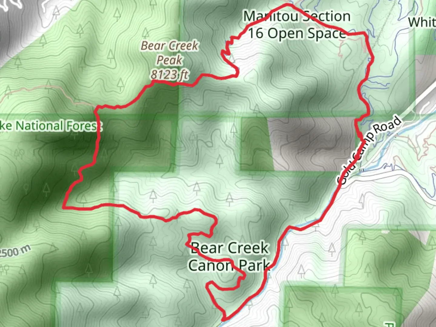An image depicting the trail Bear Creek Cañon Park and Palmer Red Rock Loop Trail and its surrounding area.
