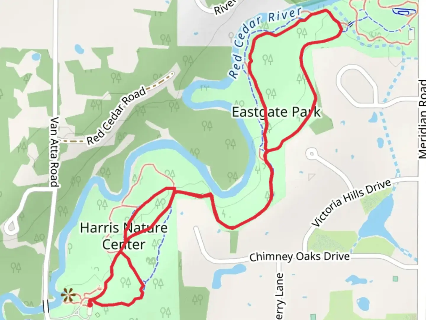 An image depicting the trail Harris Nature Center, White Spruce and Eastgate Connection Loop and its surrounding area.
