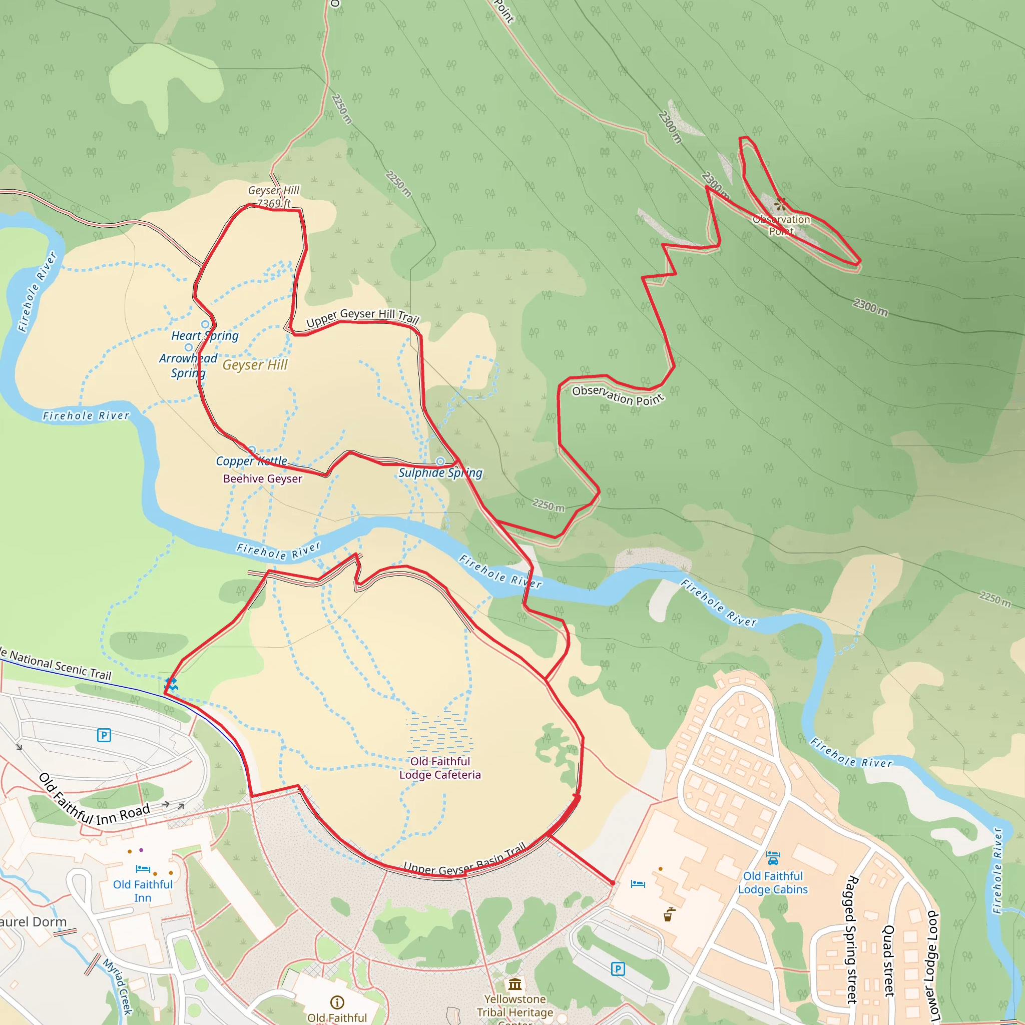 Geyser Hill, Observation Point and Upper Geyser Bassin Loop Trail mobile static map