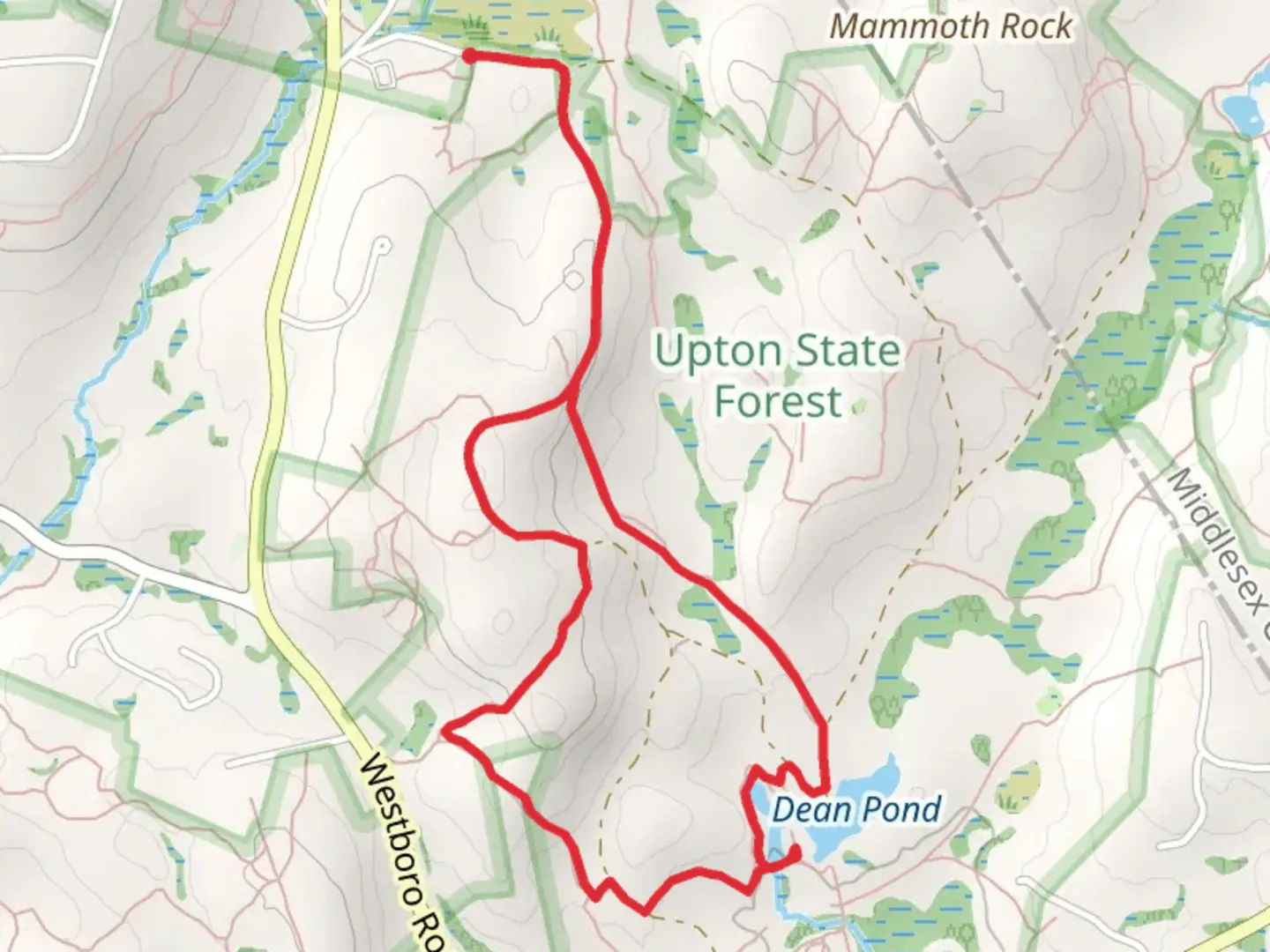 An image depicting the trail Whistling Cave Trail and Dean Pond Loop TRail - Upton State Forest and its surrounding area.