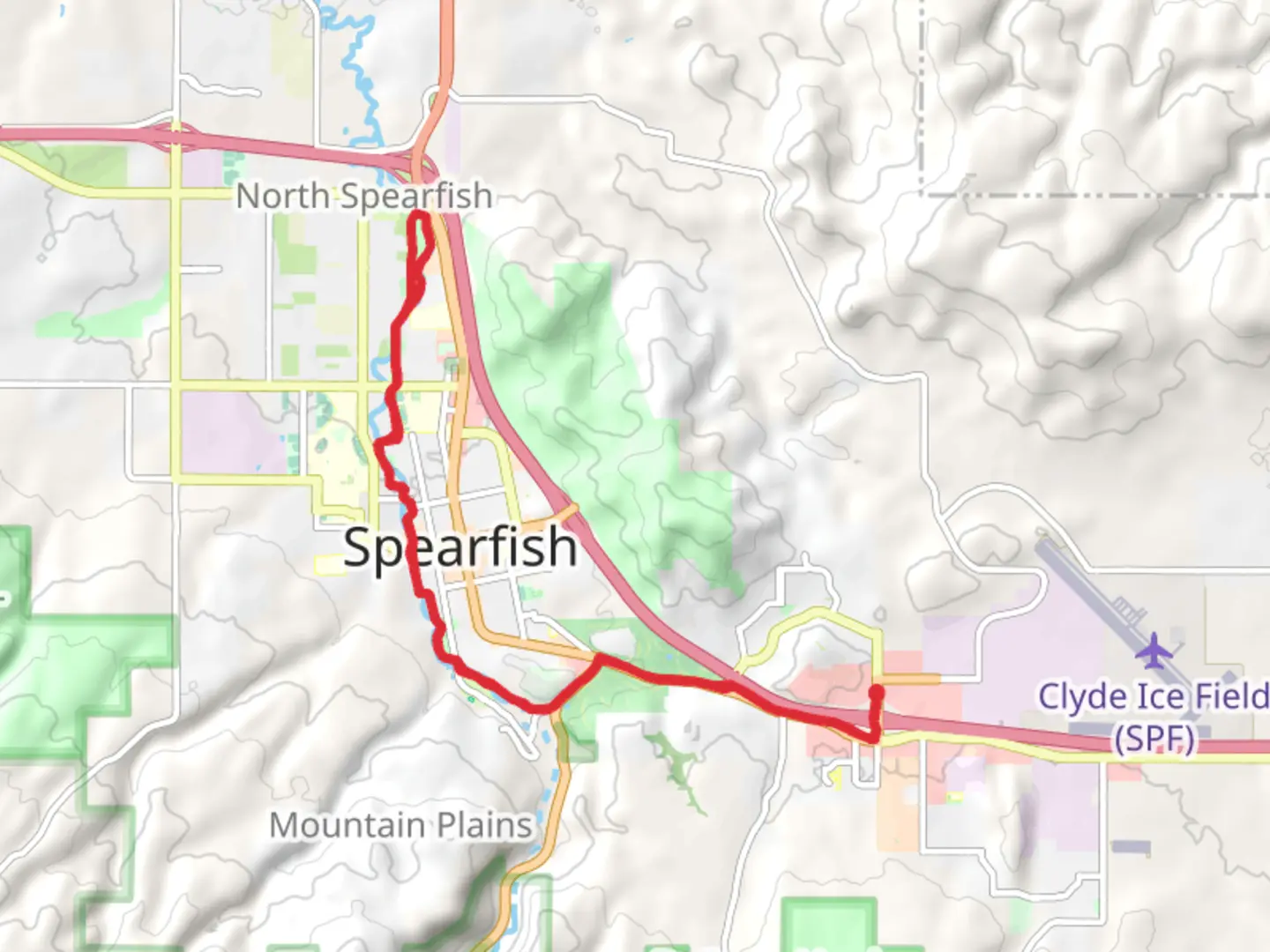 An image depicting the trail Spearfish Path to Evans Park Walk and its surrounding area.