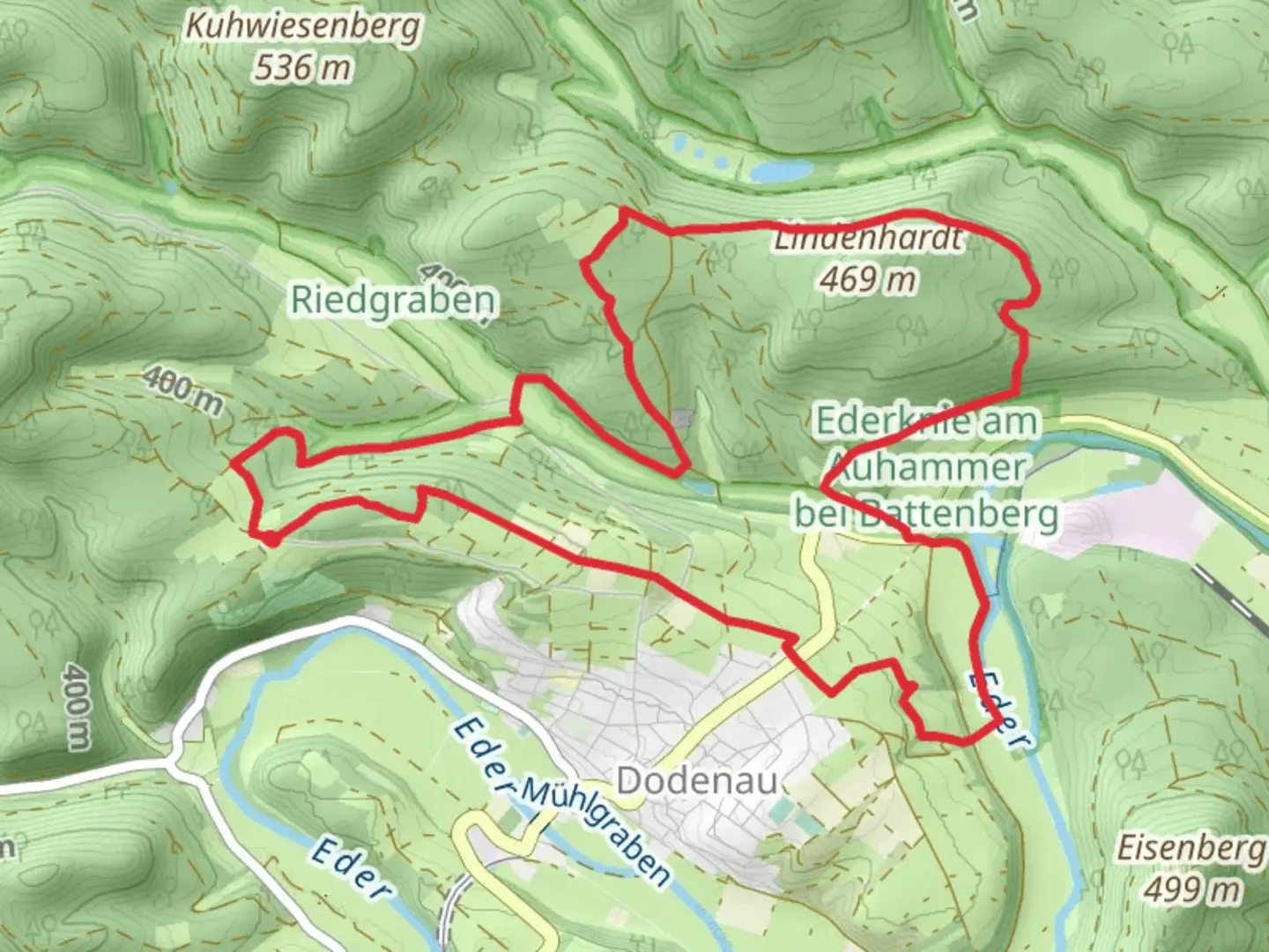 An image depicting the trail Lindenhardt and Hirschstein Loop from Dodenau and its surrounding area.