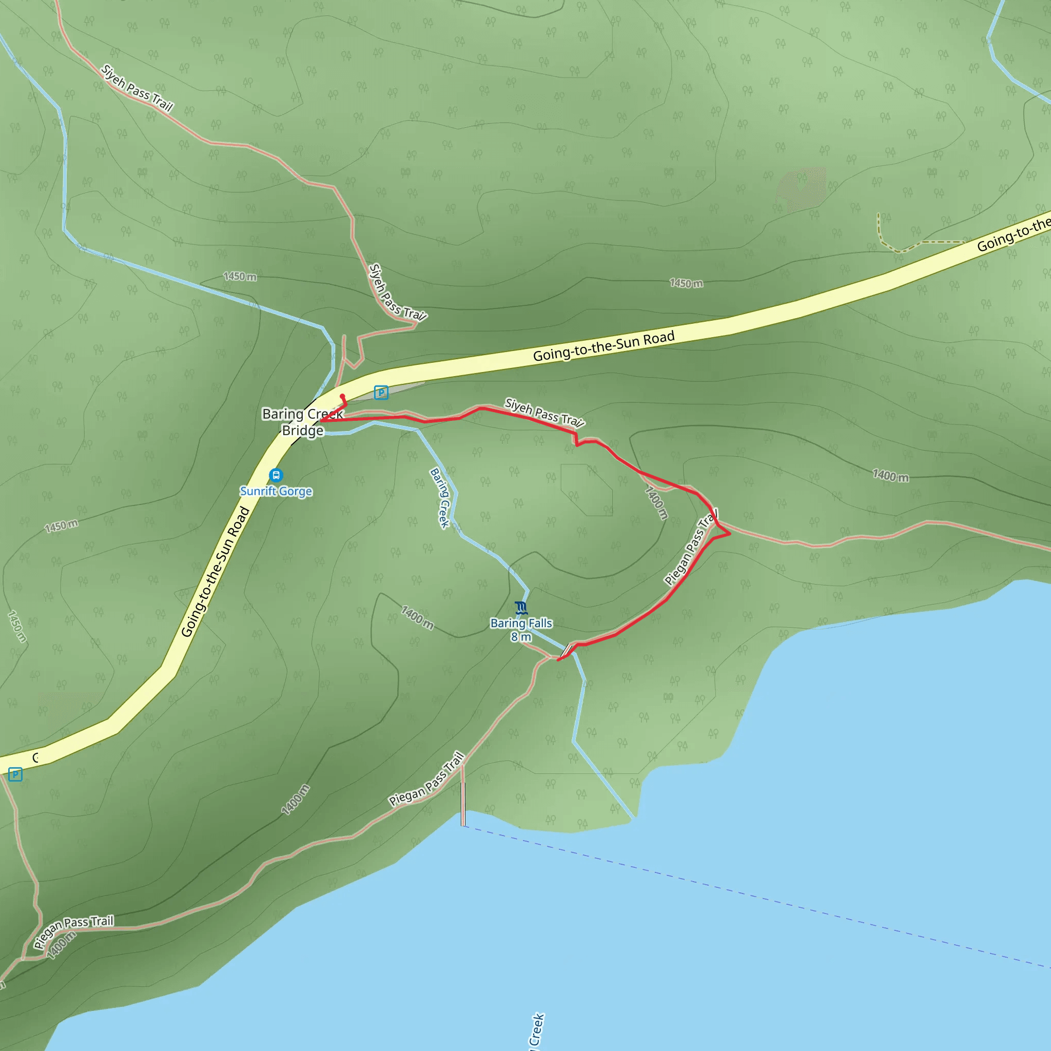Baring Falls via Siyeh and Piegan Pass mobile static map