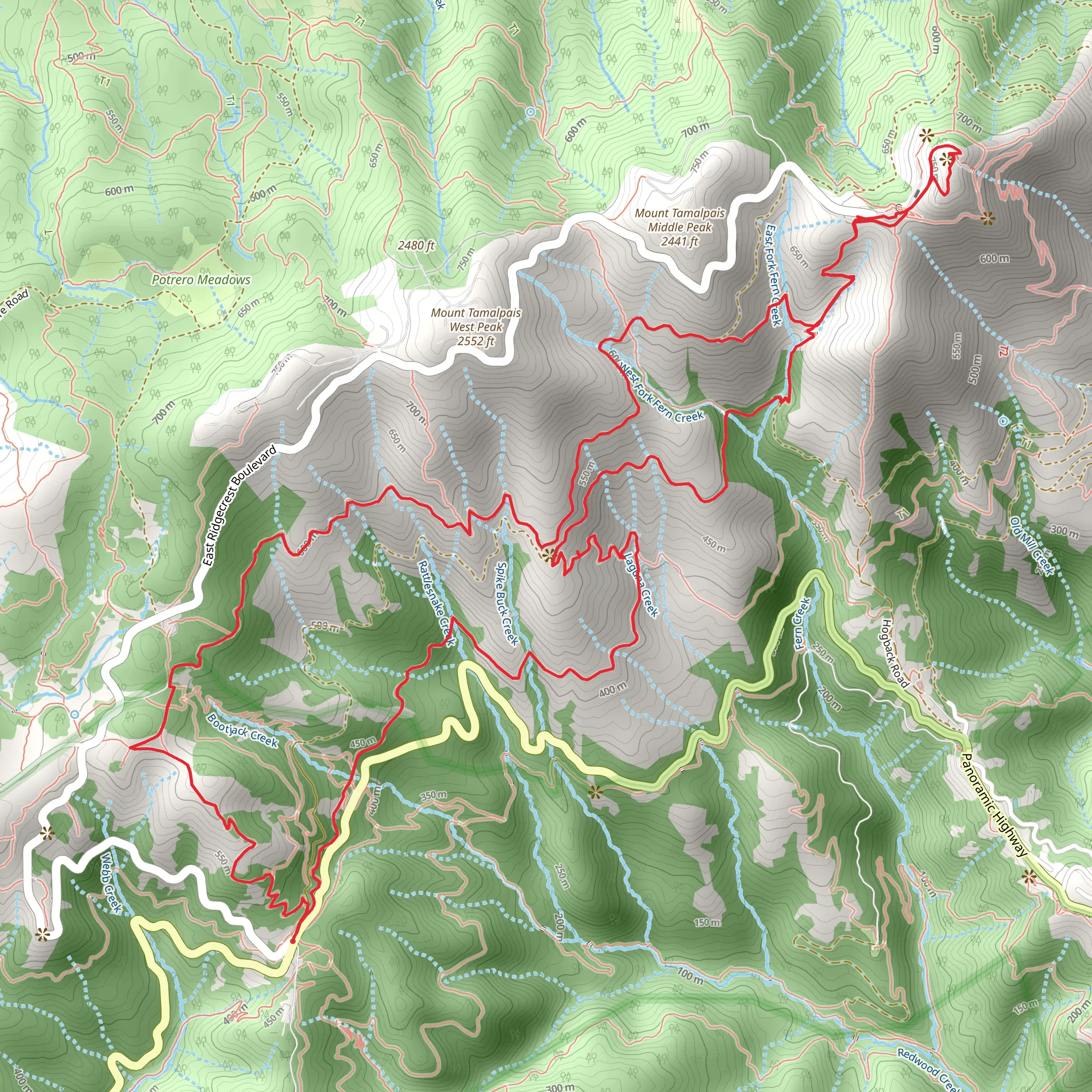 Old Mine, Rock Spring and Mount Tamalpais East Peak and Mount Tamalpais West Point Loop Trail mobile static map