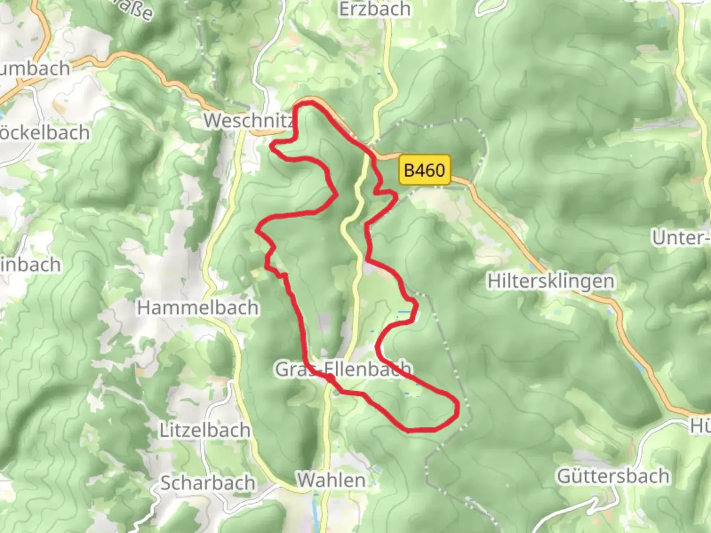 An image depicting the trail Grasellenbach Loop and its surrounding area.