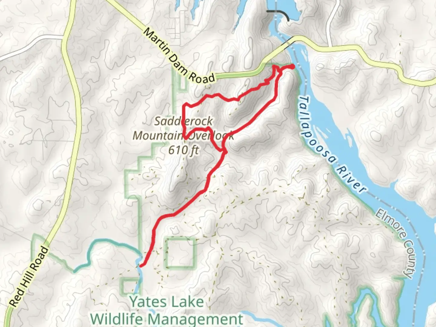 An image depicting the trail Cherokee Bluffs Railroad and Saddlerock Mountain Overlook Loop Trail and its surrounding area.