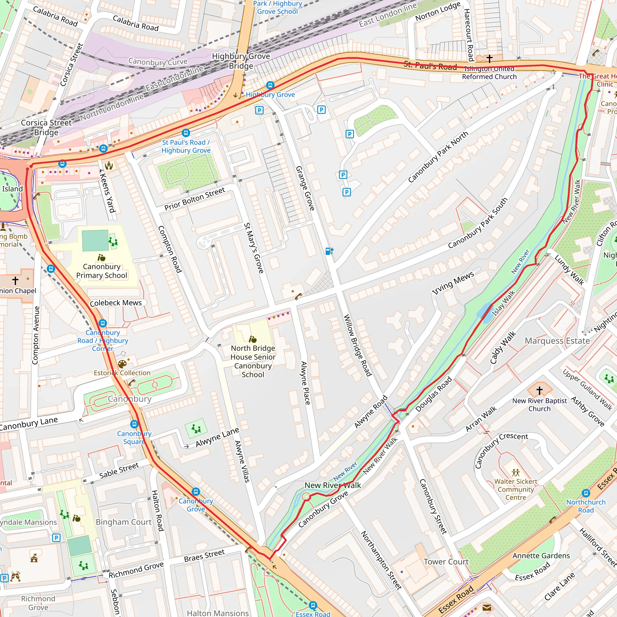 New River from Highbury and Islington mobile static map