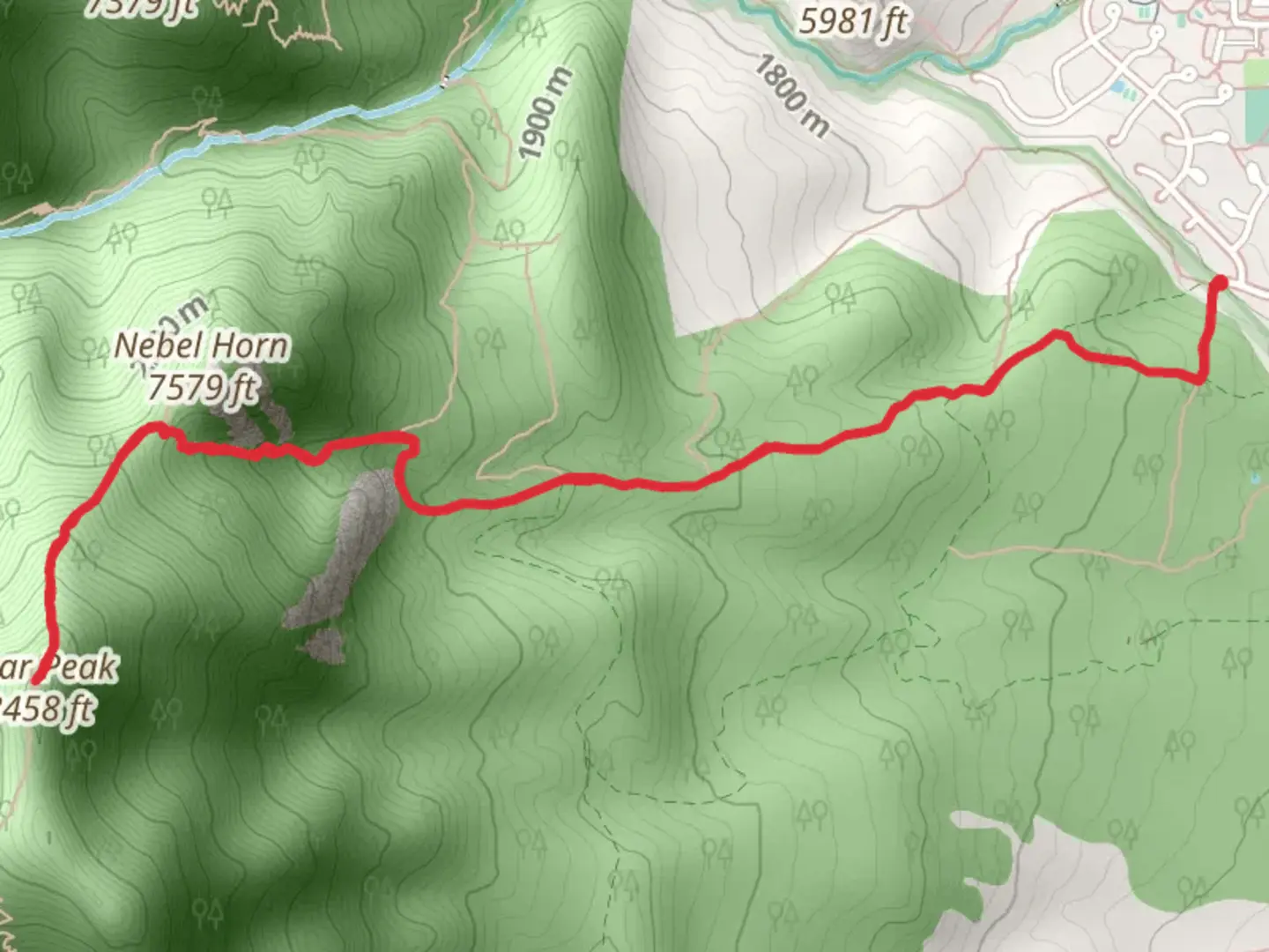 An image depicting the trail Bear Peak and Nebel Horn via Shanahan - North Fork and its surrounding area.