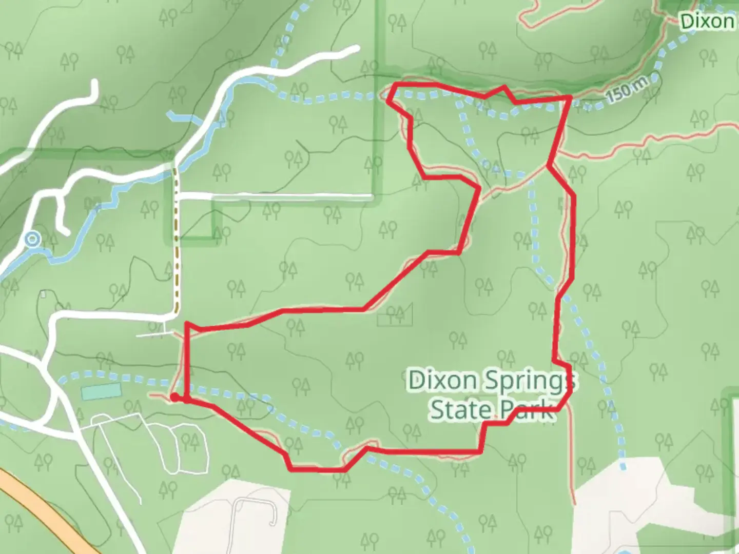 An image depicting the trail Oak Tree Trail, Pine Tree Trail and Bluff Loop Trail and its surrounding area.