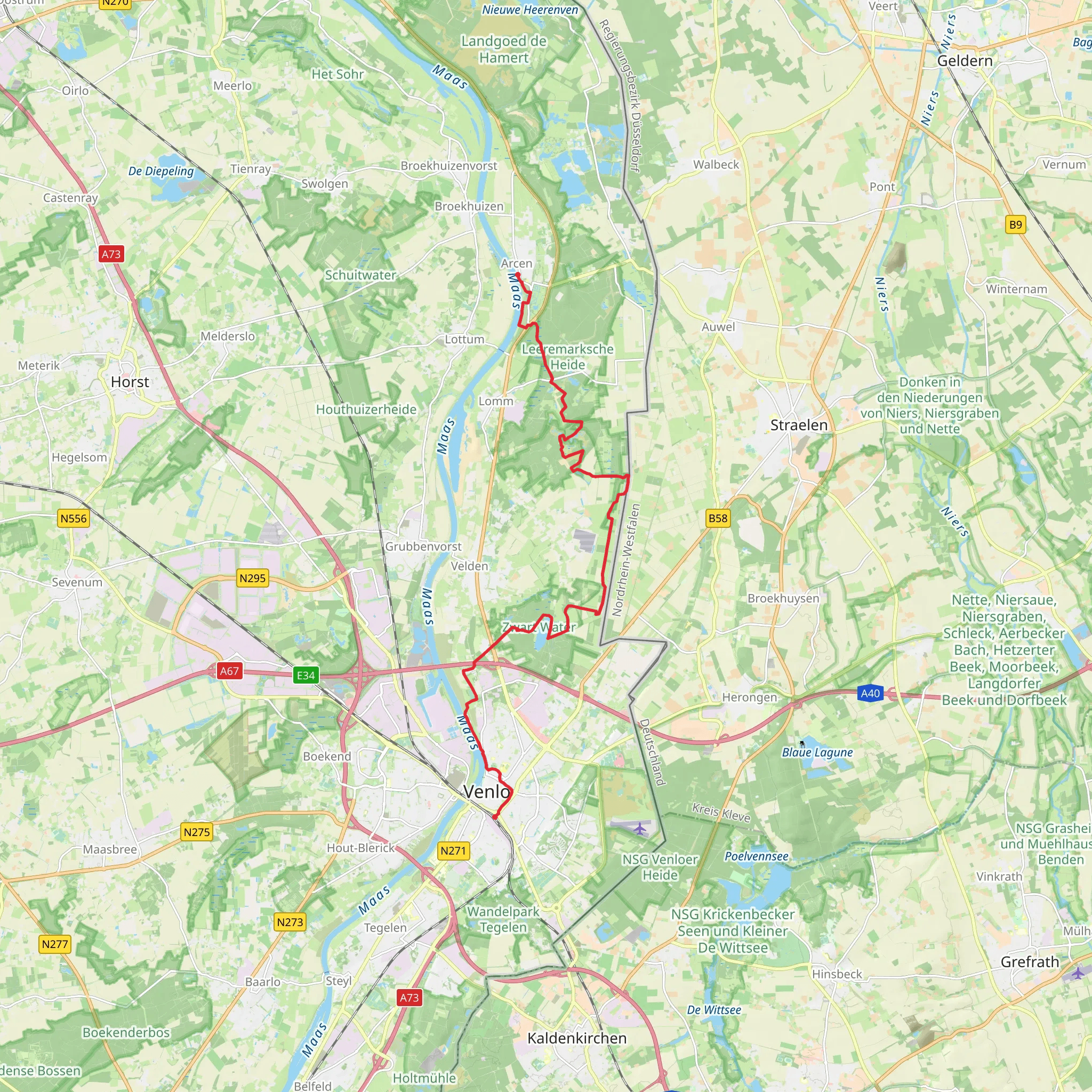 Venlo to Arcen via Venkoelen, Ravenvennen and Lommerheide mobile static map