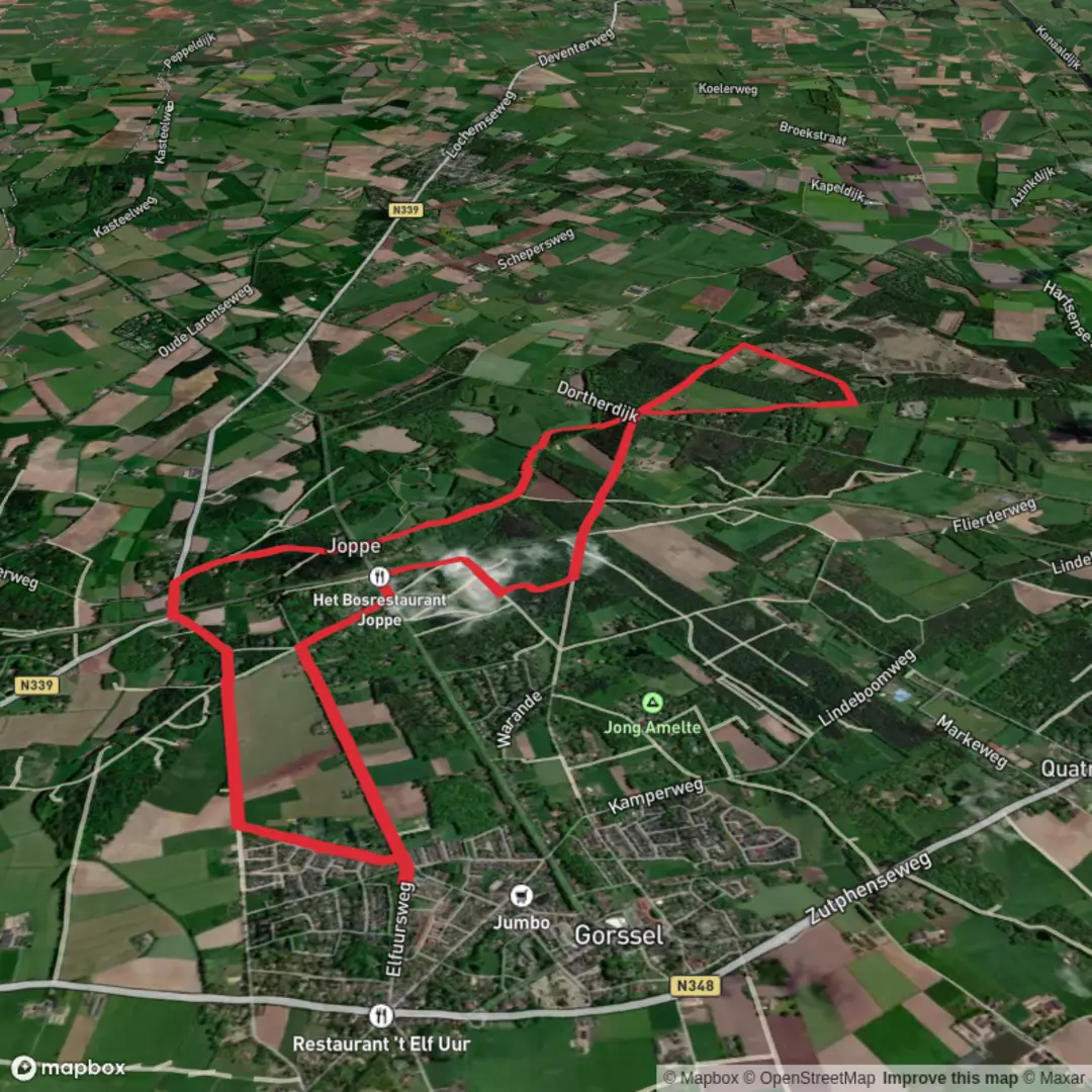 An image depicting the trail Drie Kieften Route and Joppe Route and its surrounding area.