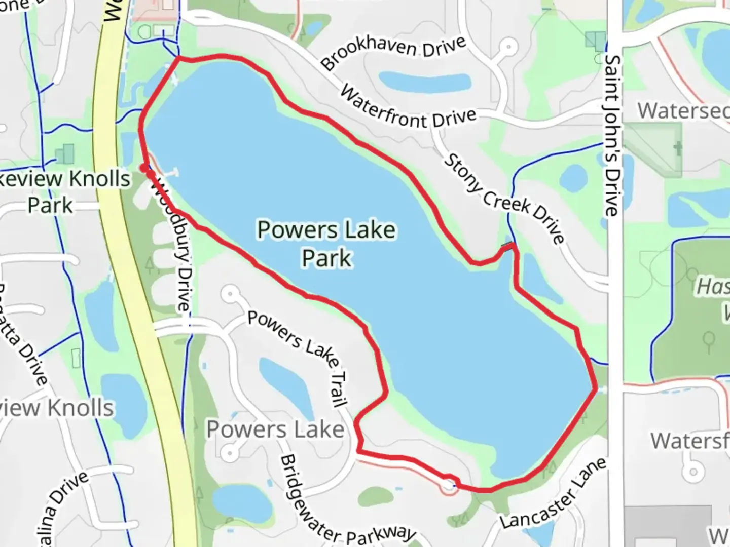 An image depicting the trail Powers Lake Loop and its surrounding area.