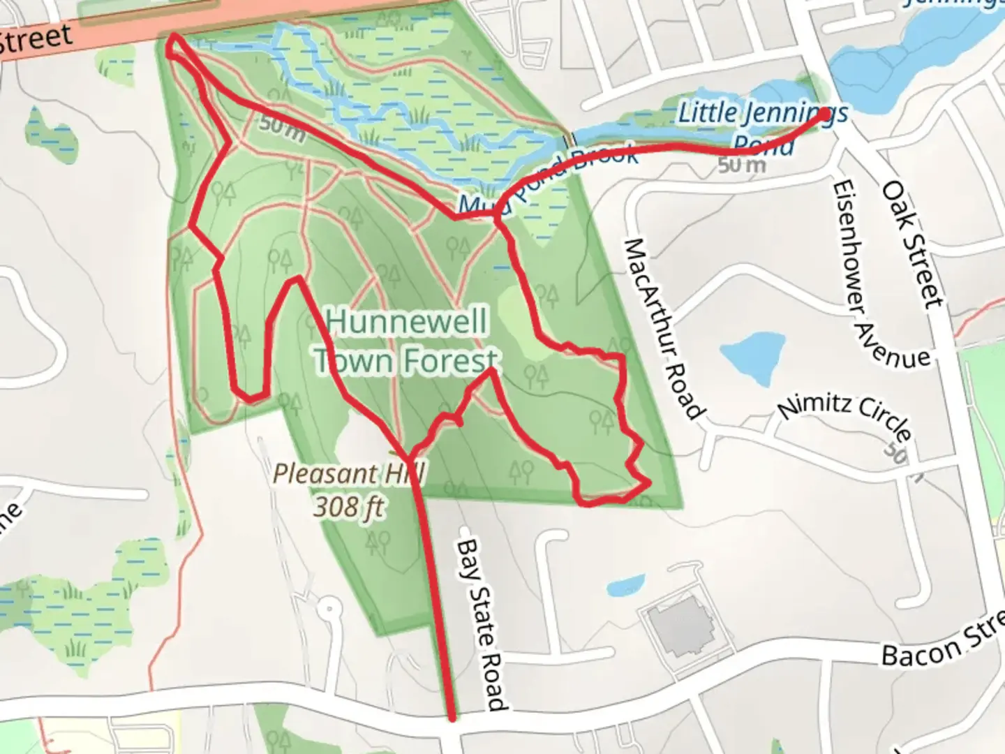 An image depicting the trail Pleasant Hill via Hunnewell Town Forest and its surrounding area.